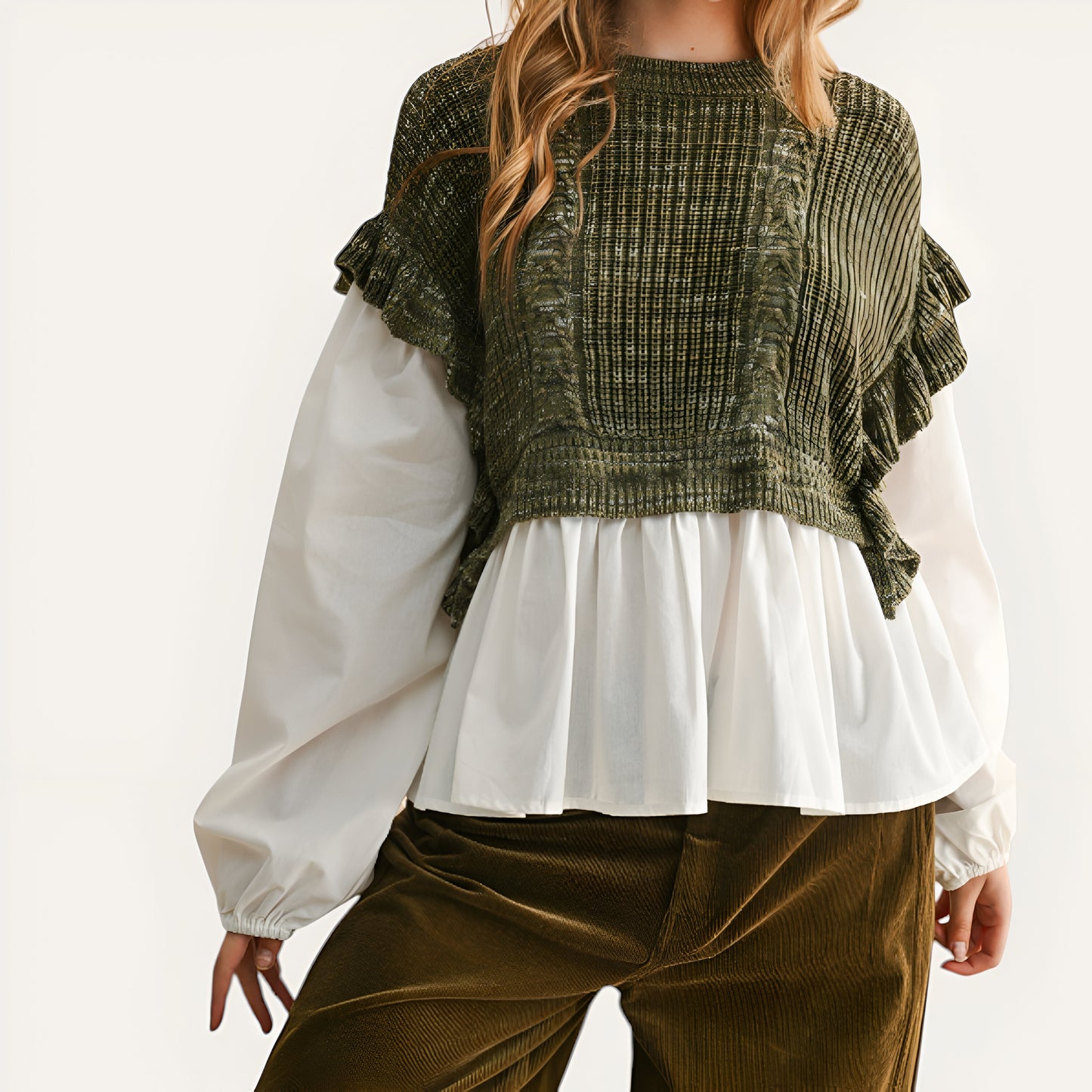 Layered Sweater Top with Ruffle Hem, Puff Sleeves and Cable Knit Detail
