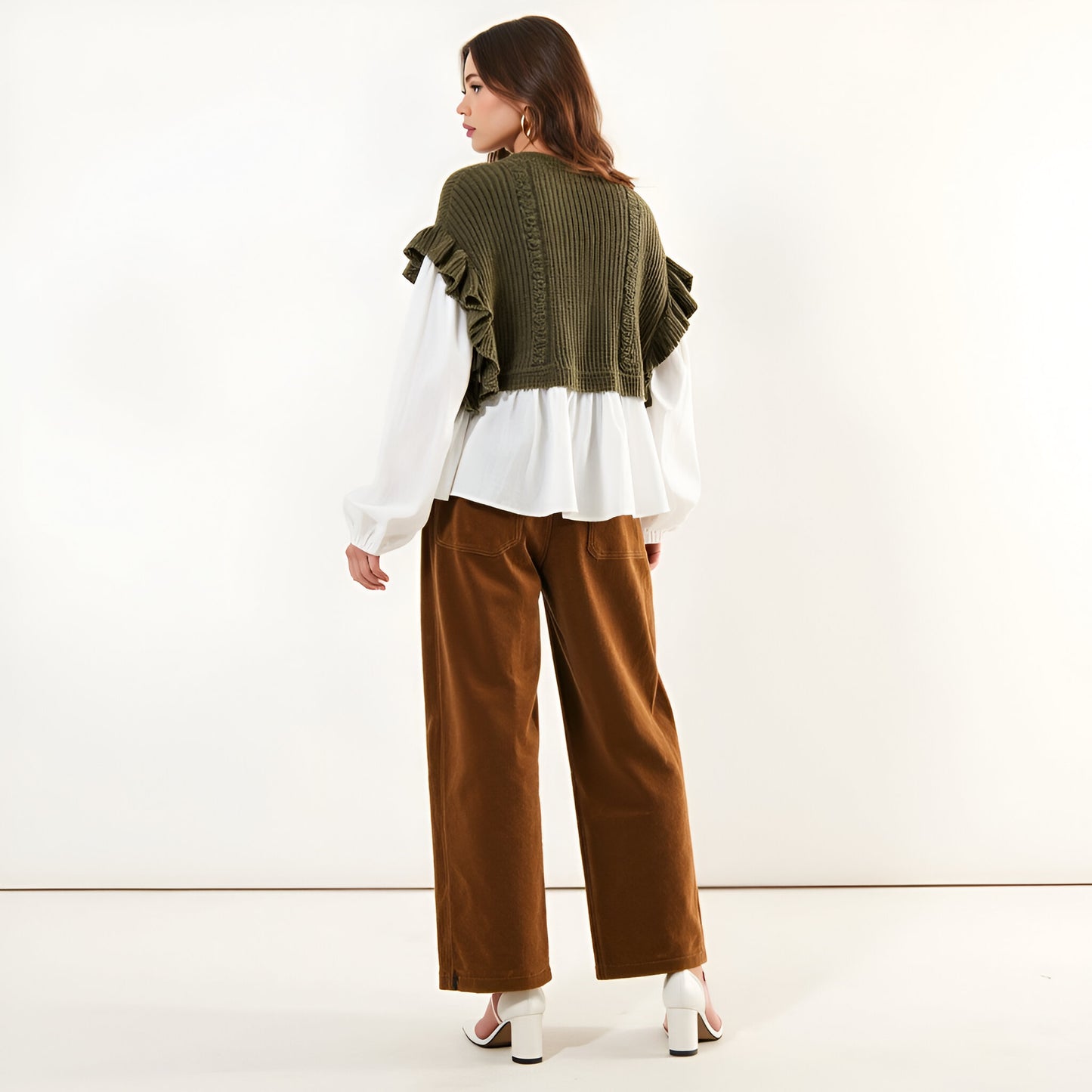 Layered Sweater Top with Ruffle Hem, Puff Sleeves and Cable Knit Detail
