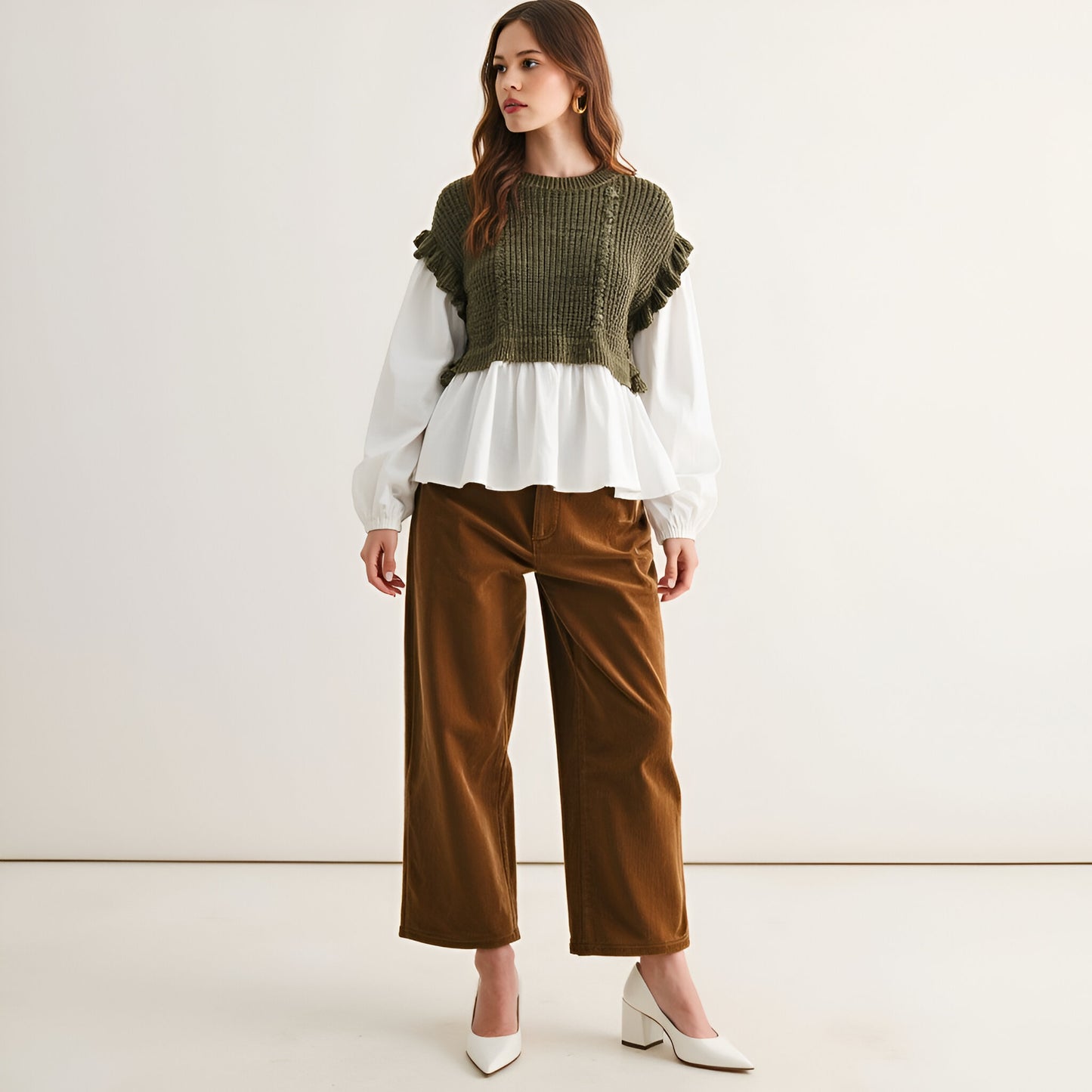 Layered Sweater Top with Ruffle Hem, Puff Sleeves and Cable Knit Detail