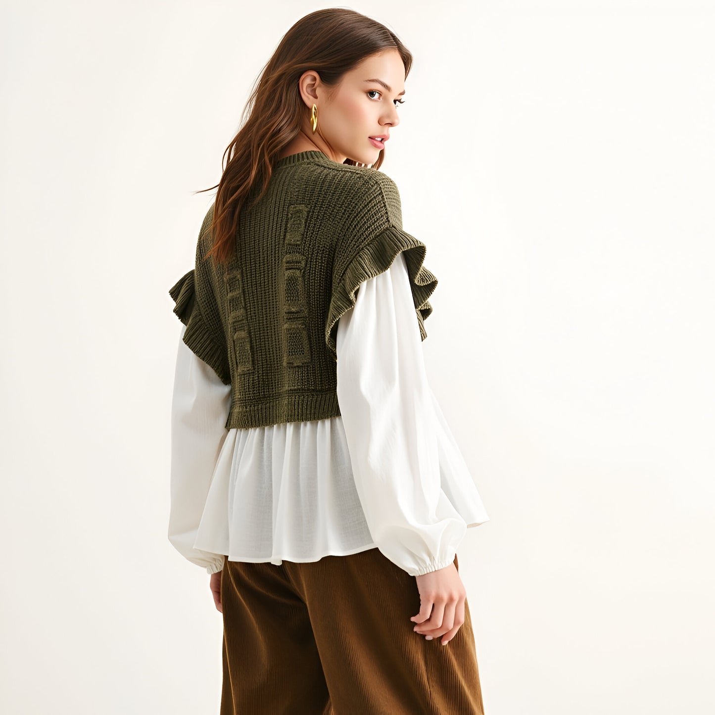 Layered Sweater Top with Ruffle Hem, Puff Sleeves and Cable Knit Detail