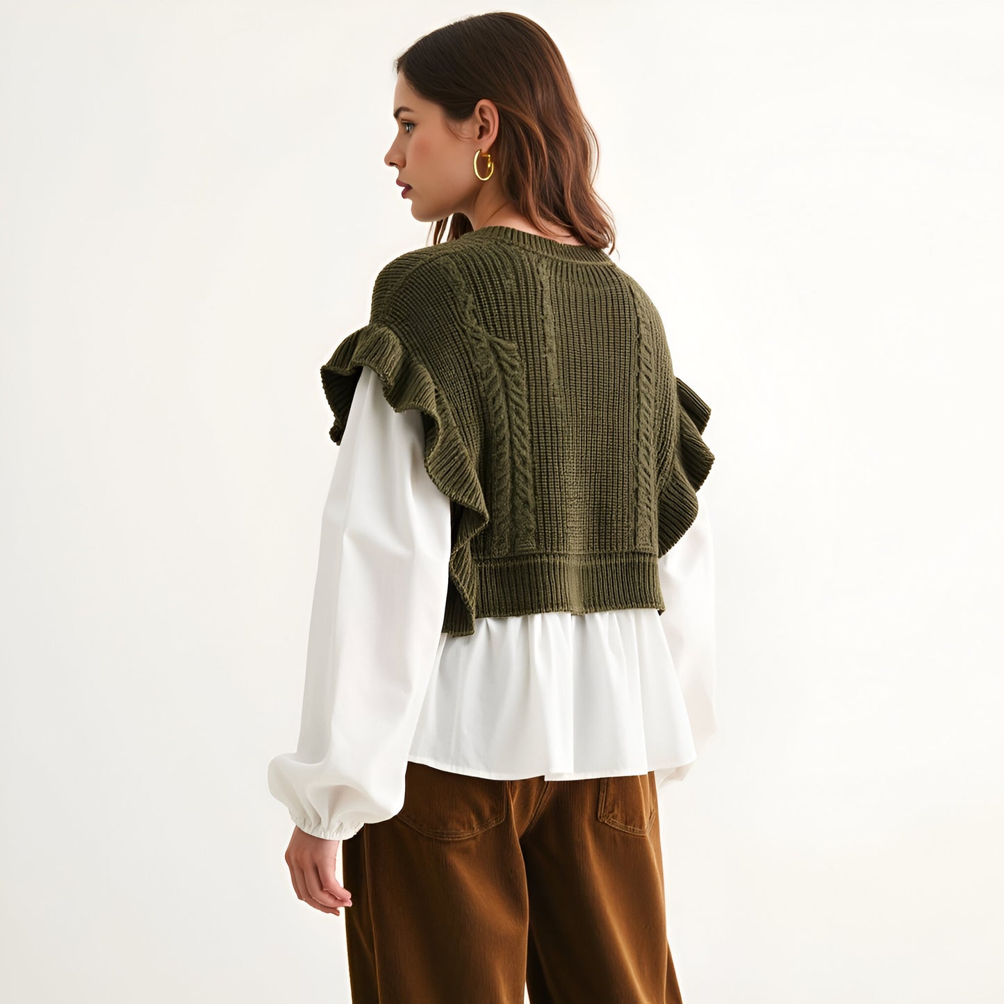 Layered Sweater Top with Ruffle Hem, Puff Sleeves and Cable Knit Detail