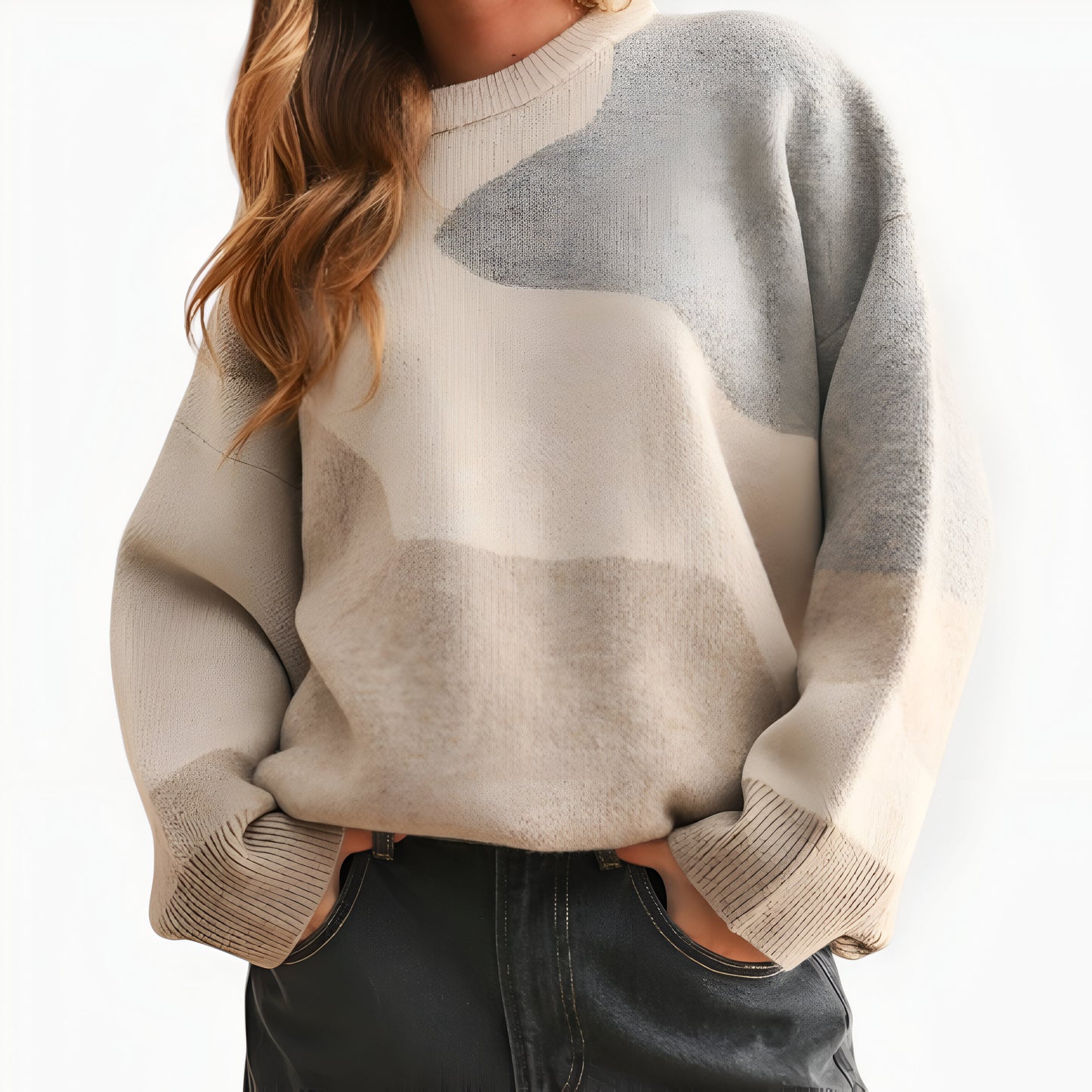 Oversized Colorblock Knit Sweater with Crew Neck and Drop Shoulders
