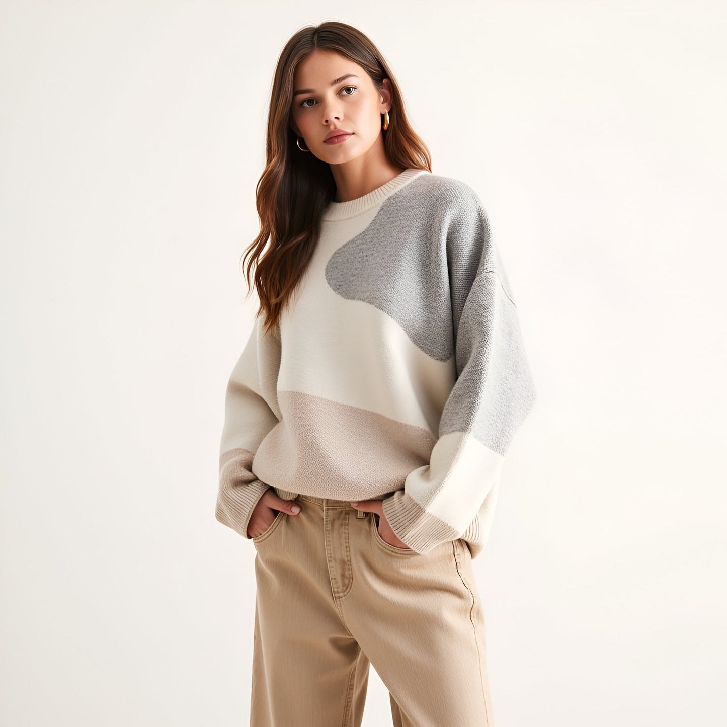 Oversized Colorblock Knit Sweater with Crew Neck and Drop Shoulders