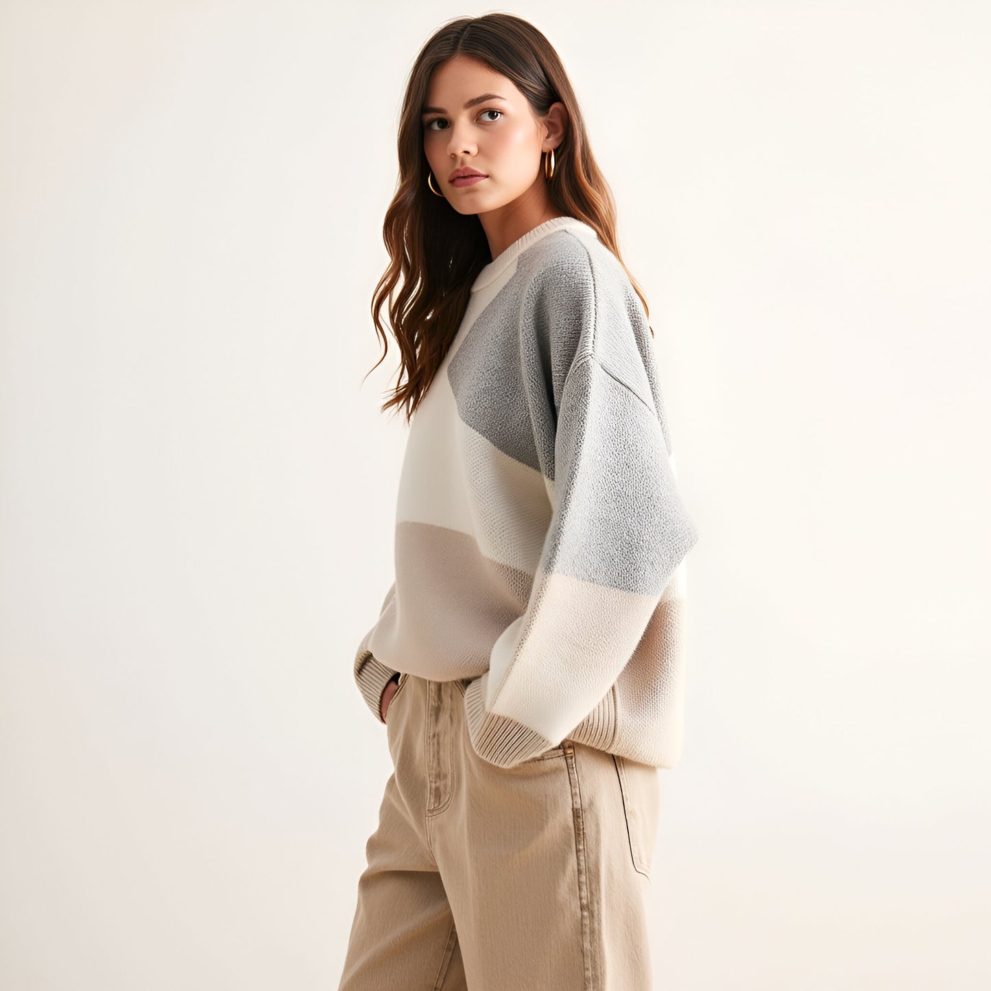 Oversized Colorblock Knit Sweater with Crew Neck and Drop Shoulders