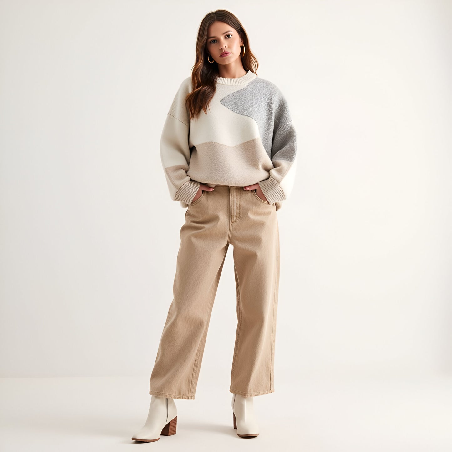 Oversized Colorblock Knit Sweater with Crew Neck and Drop Shoulders