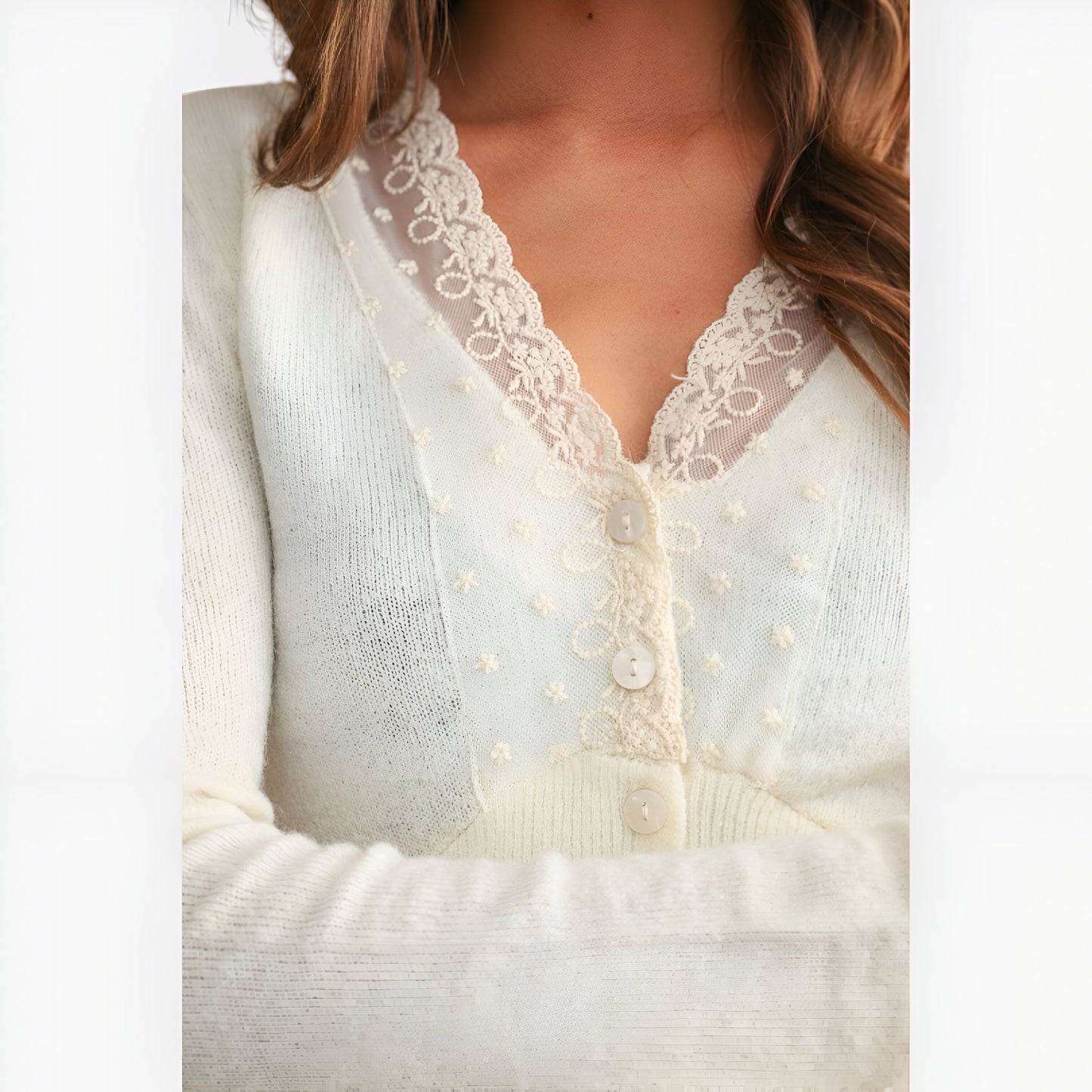 Lace Trim Cropped Cardigan with Button Front and Ruffle Hem