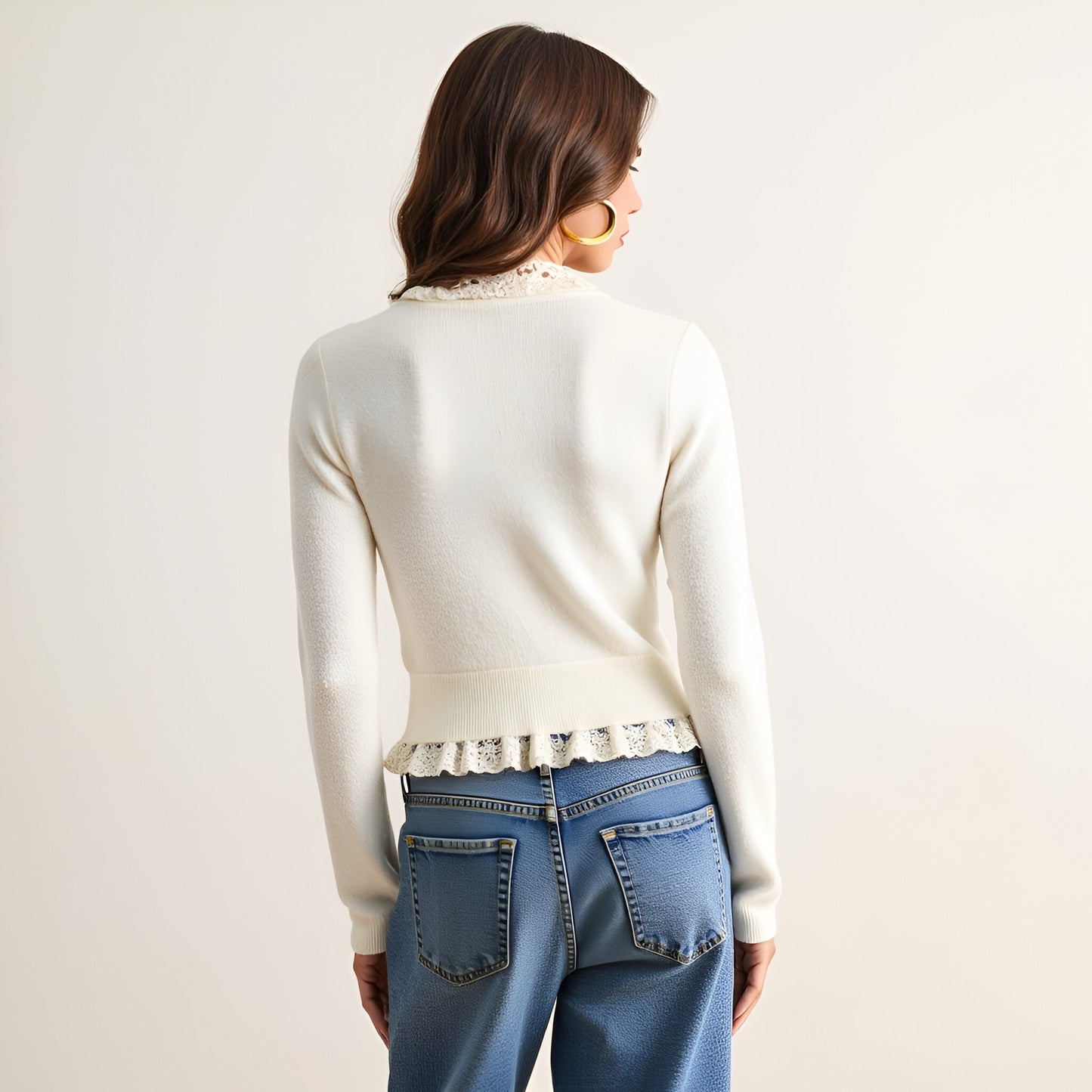 Lace Trim Cropped Cardigan with Button Front and Ruffle Hem
