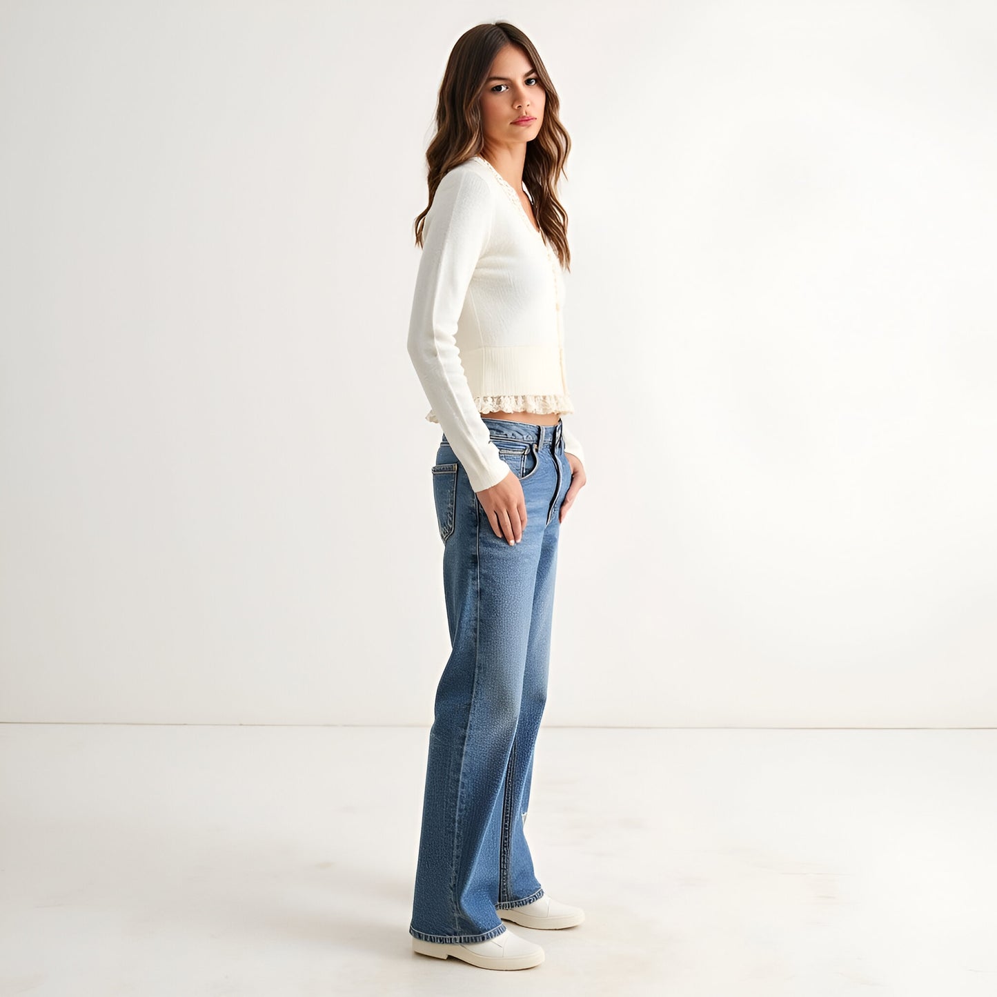 Lace Trim Cropped Cardigan with Button Front and Ruffle Hem