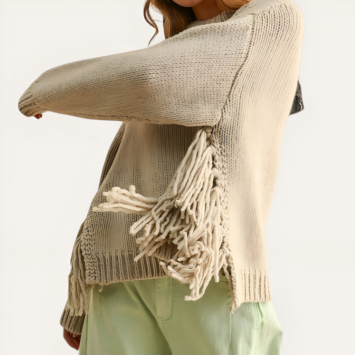 Ribbed Crewneck Sweater with Side Fringe and Relaxed Drop Shoulders