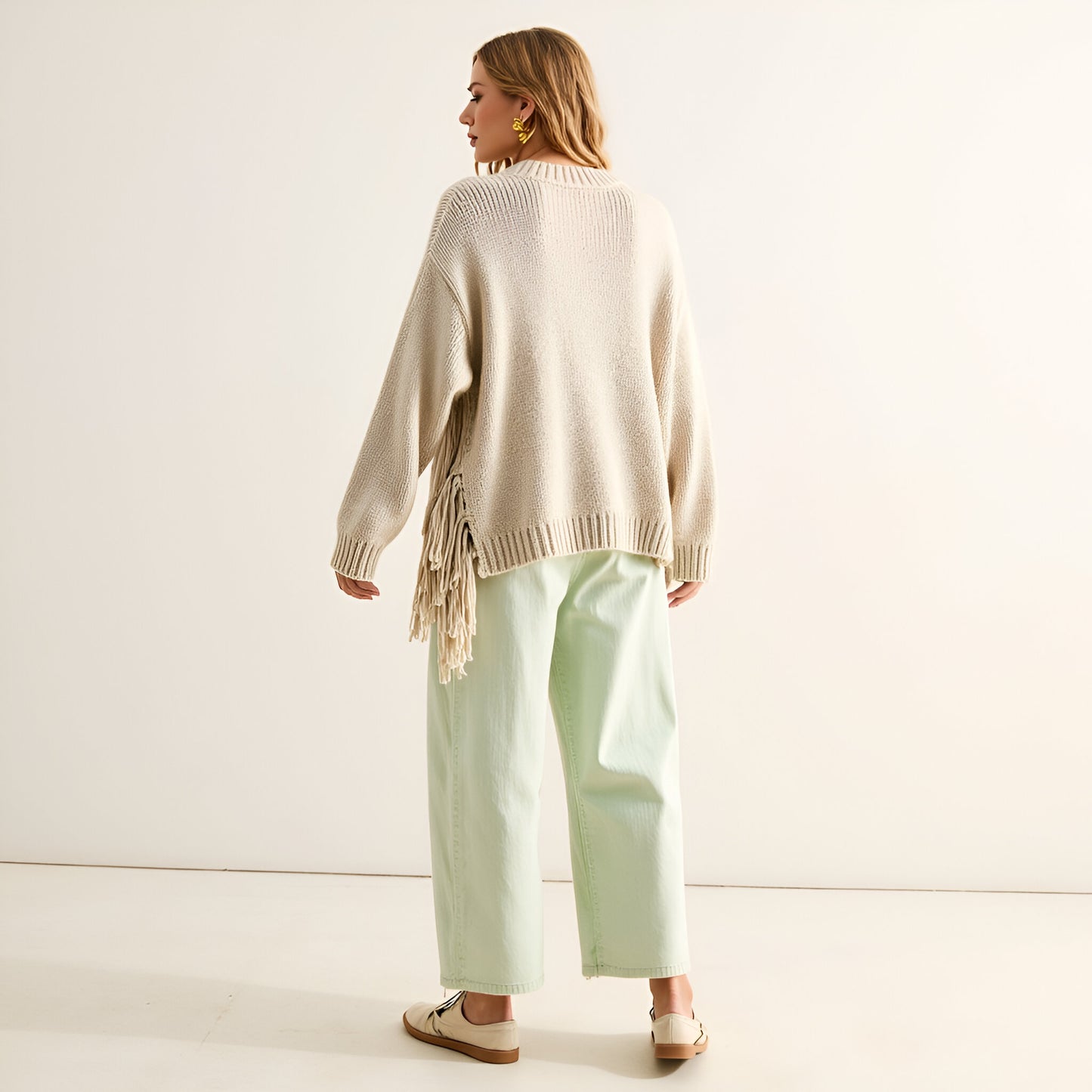 Ribbed Crewneck Sweater with Side Fringe and Relaxed Drop Shoulders