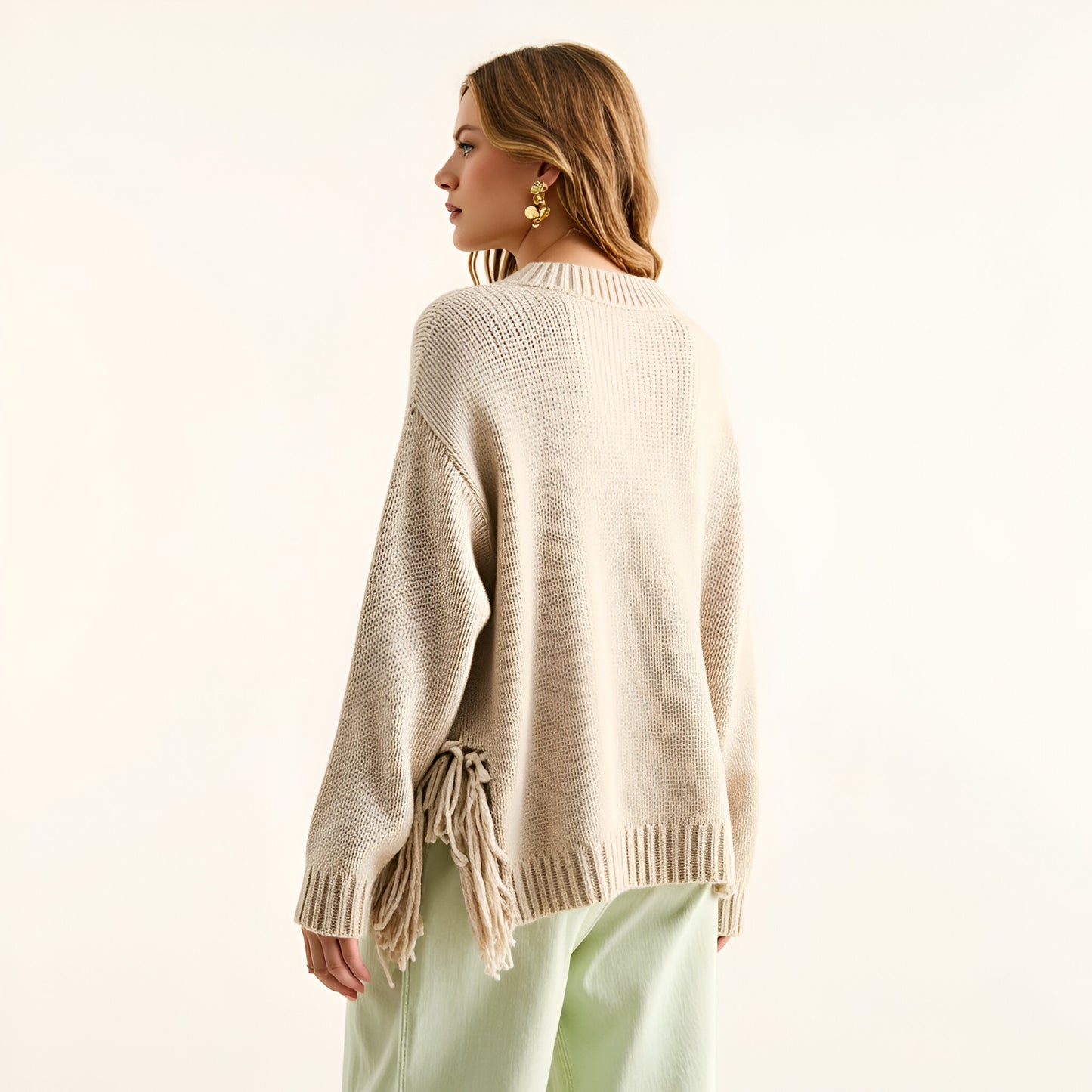 Ribbed Crewneck Sweater with Side Fringe and Relaxed Drop Shoulders