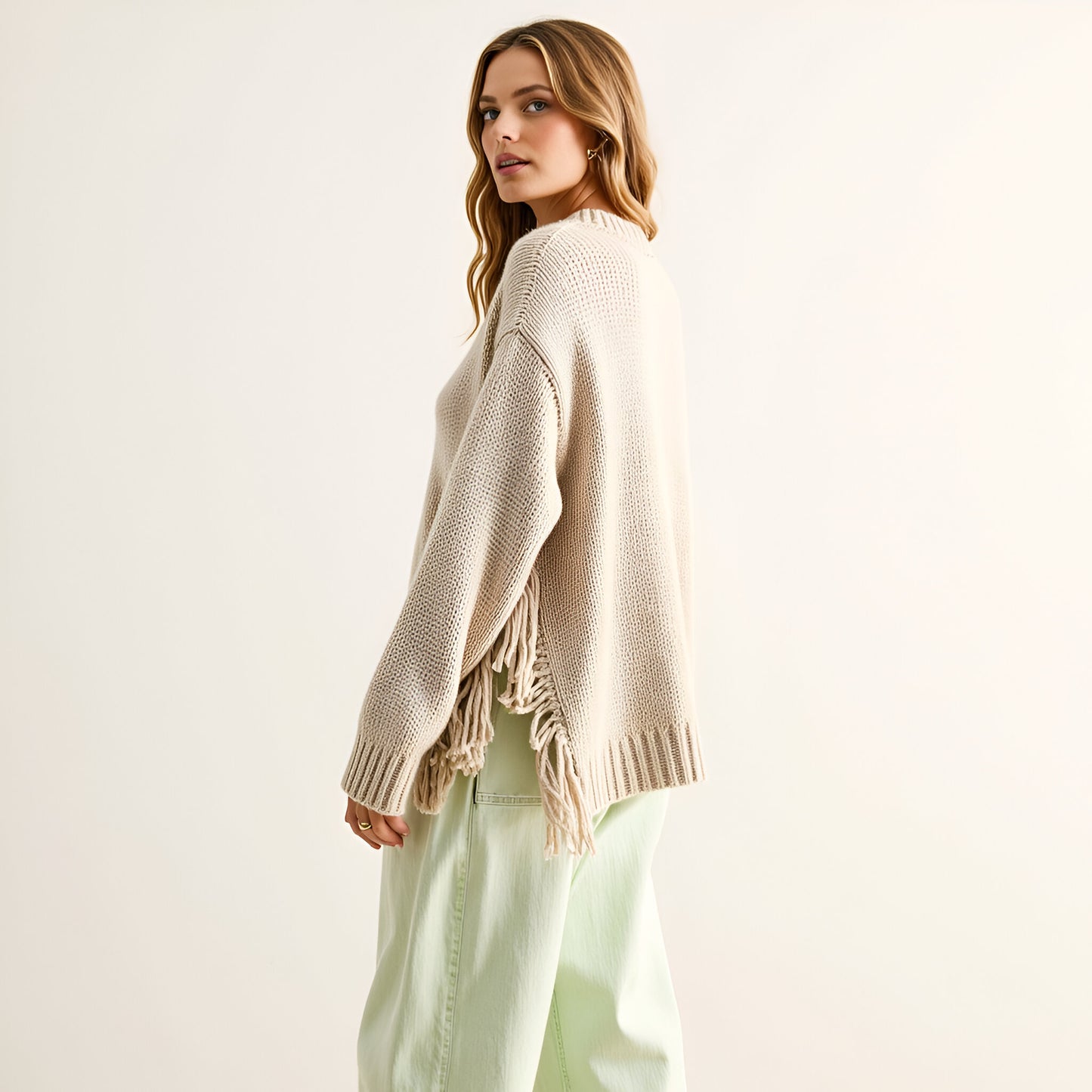 Ribbed Crewneck Sweater with Side Fringe and Relaxed Drop Shoulders