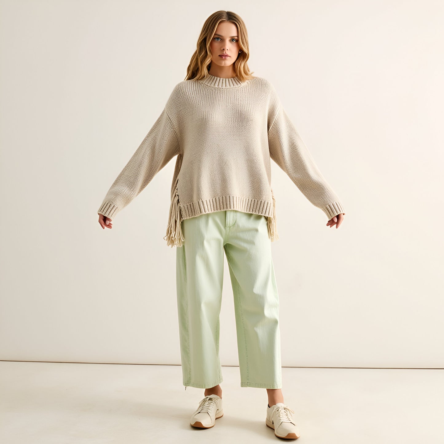 Ribbed Crewneck Sweater with Side Fringe and Relaxed Drop Shoulders