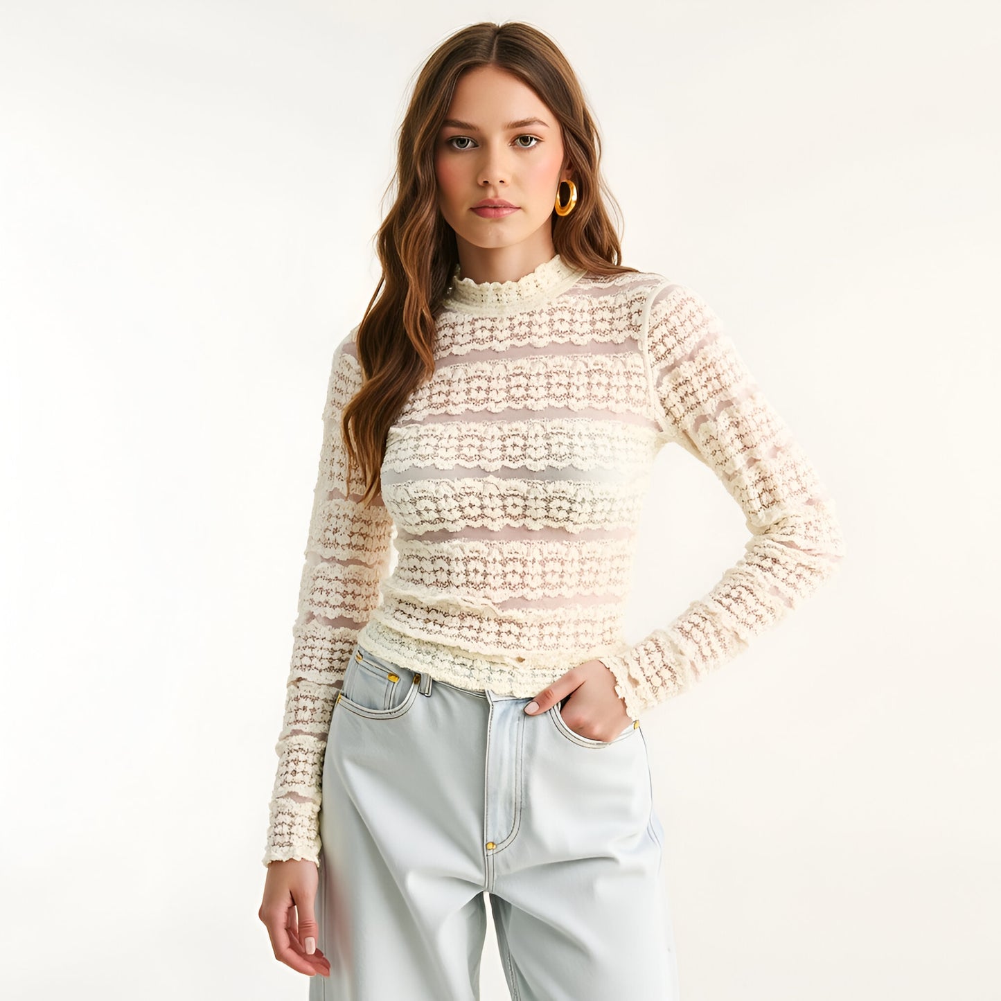 Sheer Lace Long Sleeve Top with Scalloped Mock Neck