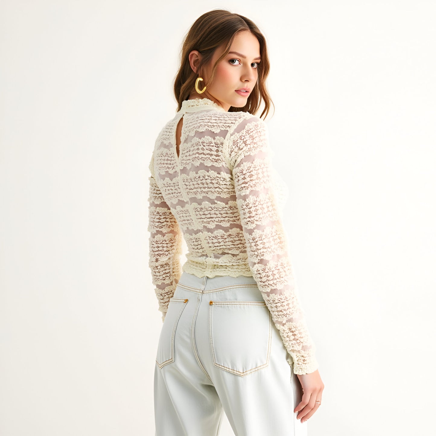 Sheer Lace Long Sleeve Top with Scalloped Mock Neck