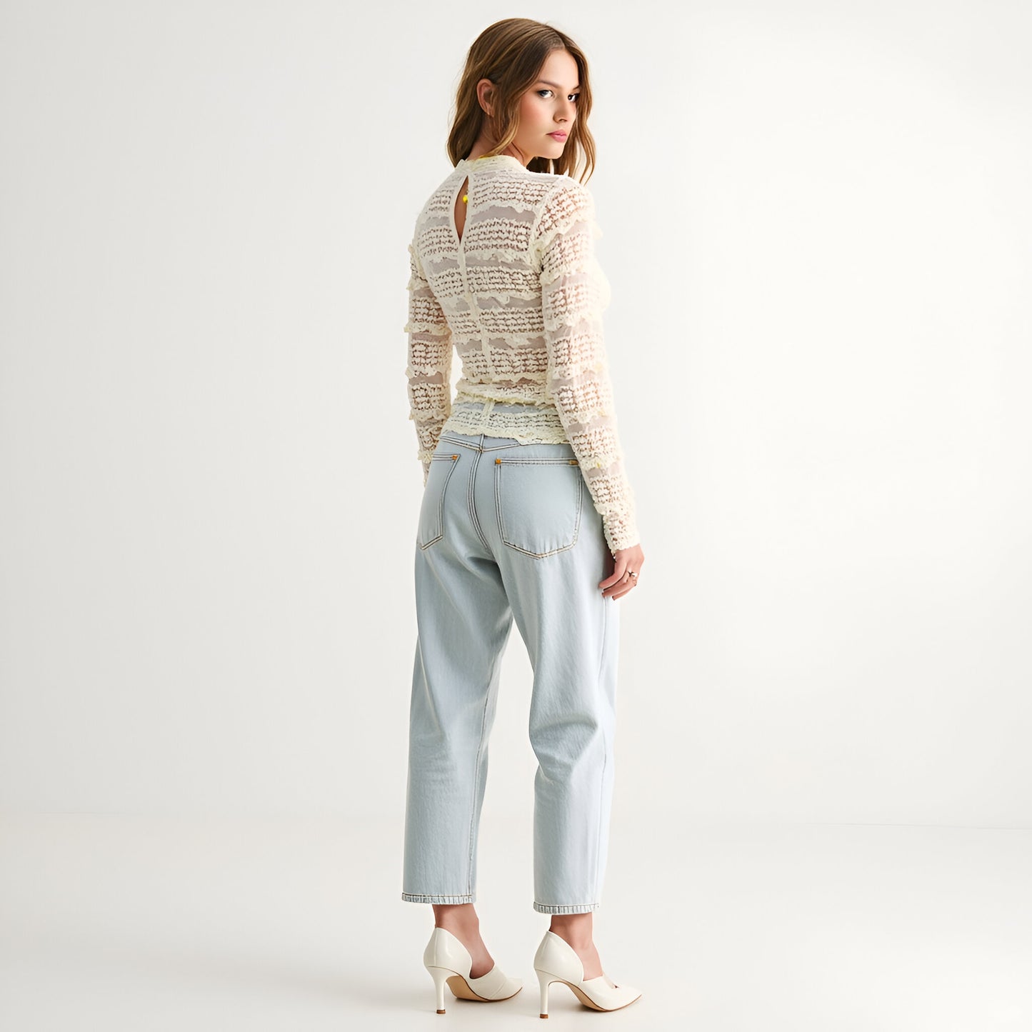 Sheer Lace Long Sleeve Top with Scalloped Mock Neck