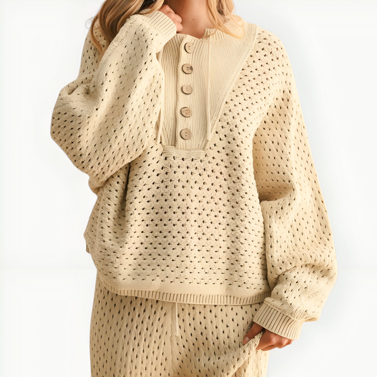 Crochet Knit Henley Hoodie with Button Front Placket and Relaxed Fit