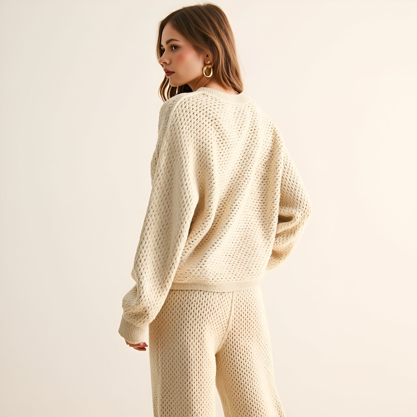 Crochet Knit Henley Hoodie with Button Front Placket and Relaxed Fit
