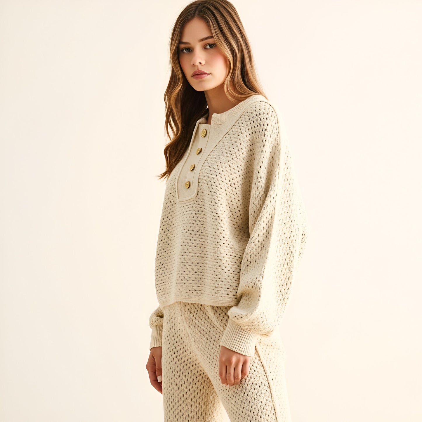 Crochet Knit Henley Hoodie with Button Front Placket and Relaxed Fit