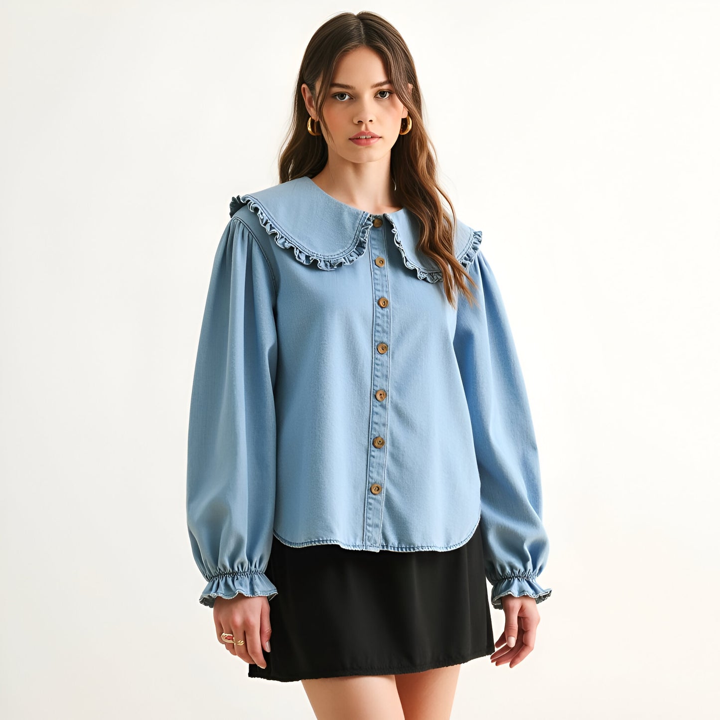 Ruffle-Collar Button-Up Denim Blouse with Smocked Cuffs