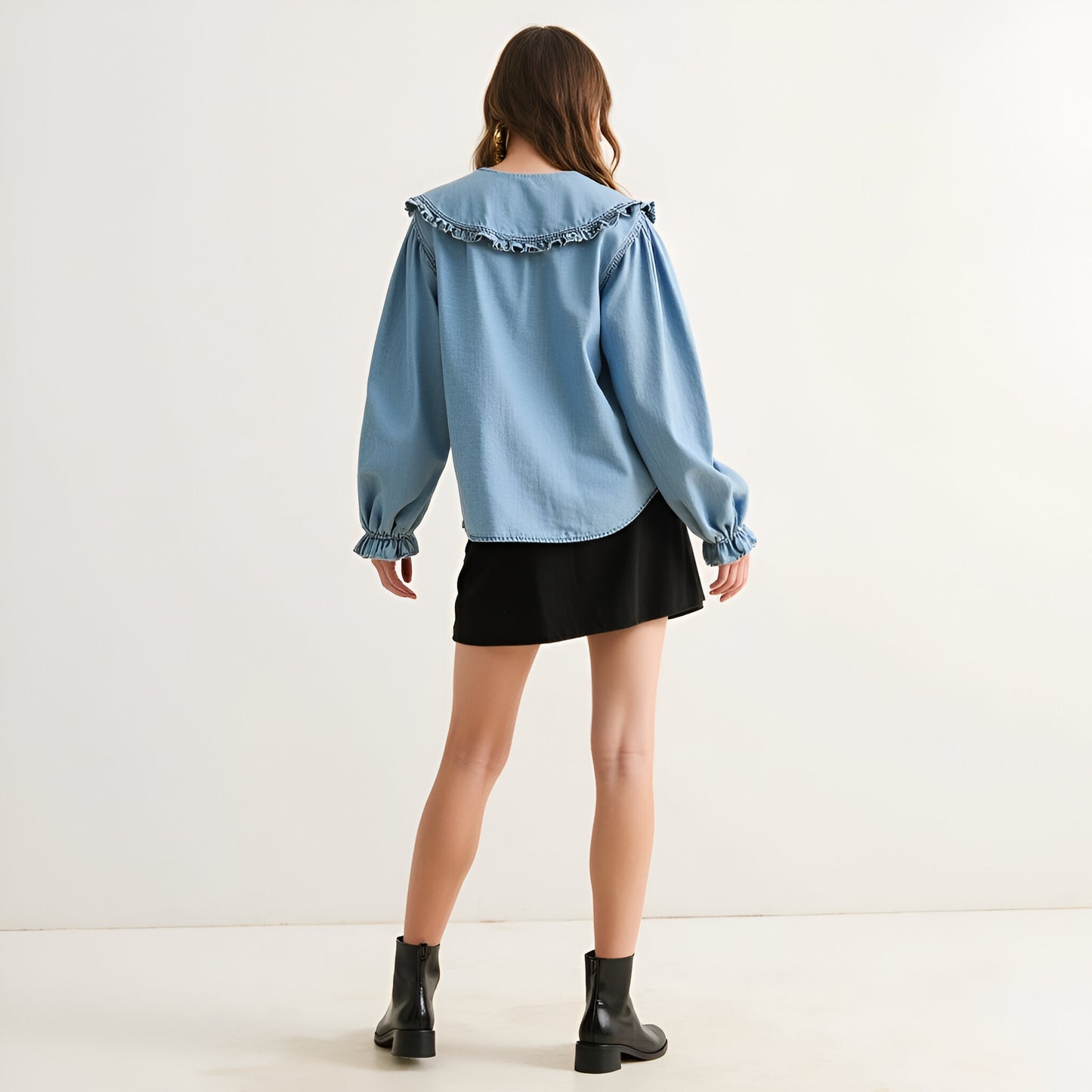 Ruffle-Collar Button-Up Denim Blouse with Smocked Cuffs