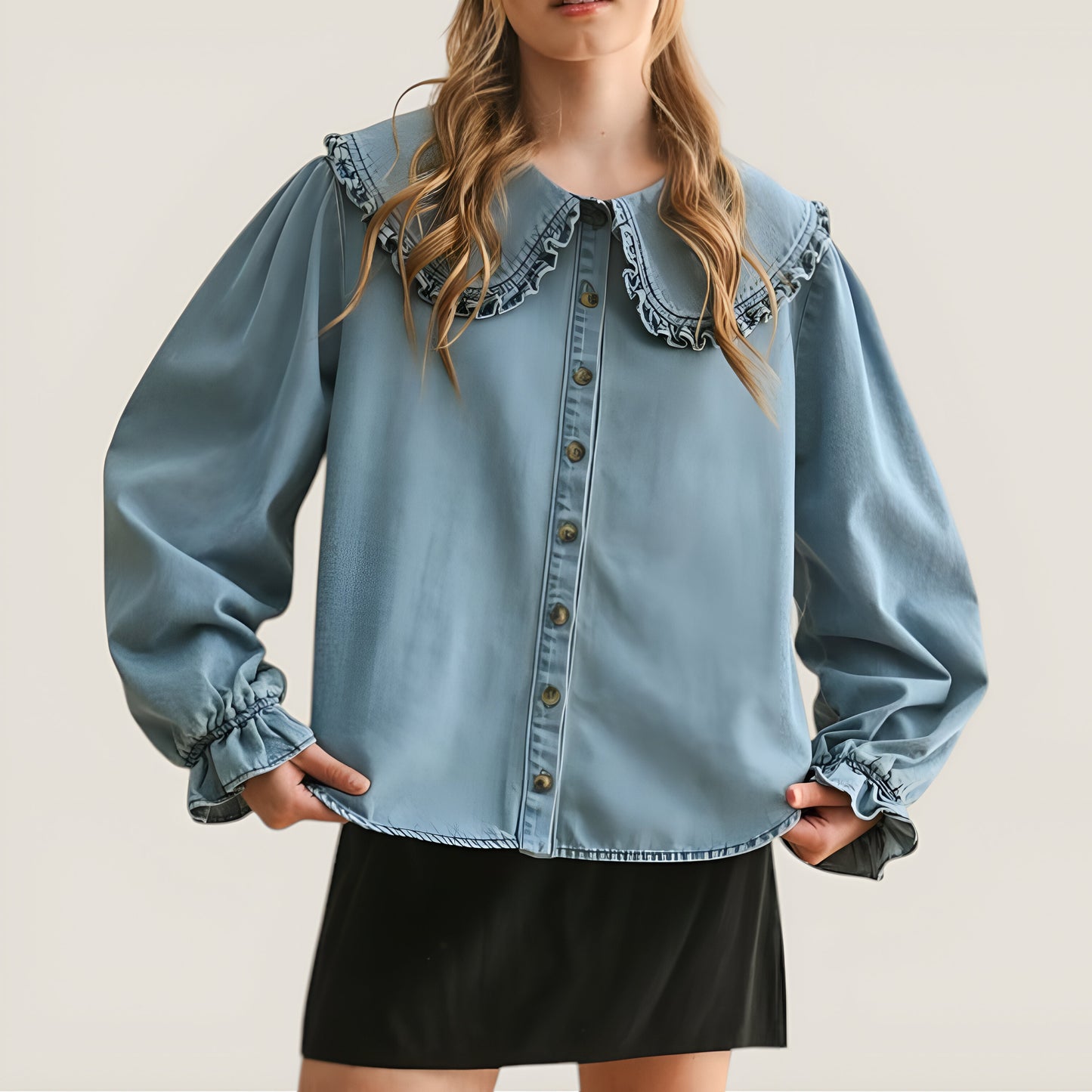 Ruffle-Collar Button-Up Denim Blouse with Smocked Cuffs