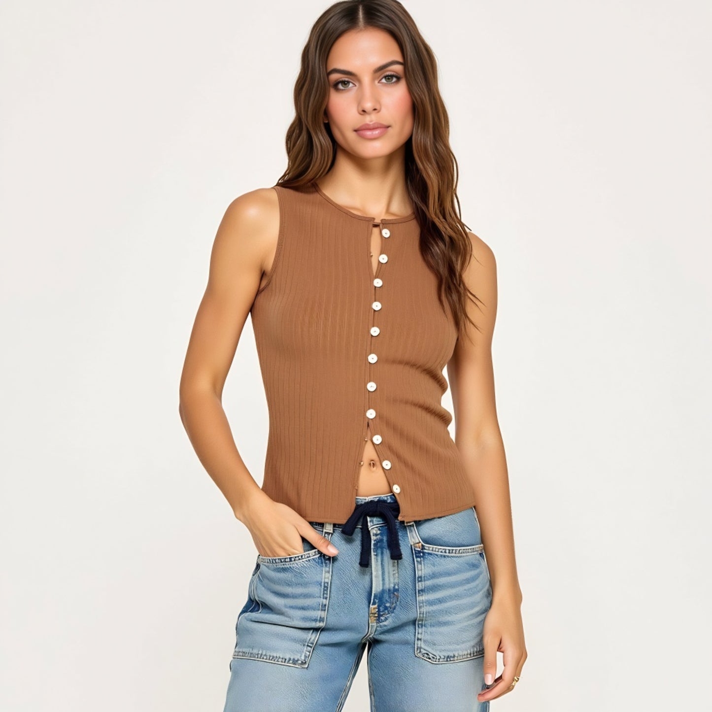 Sleeveless Ribbed Knit Tank Top with Front Button Keyhole Detail