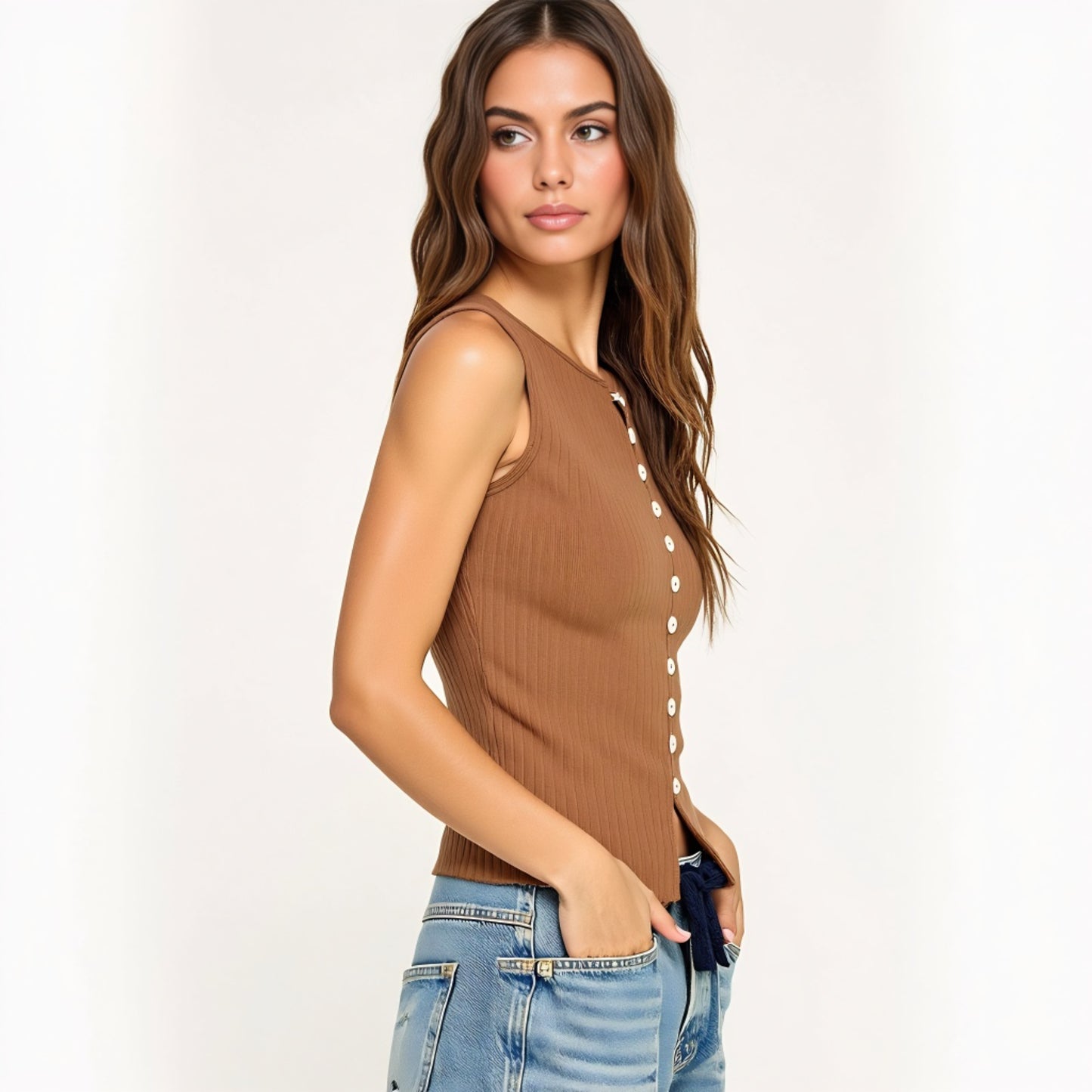 Sleeveless Ribbed Knit Tank Top with Front Button Keyhole Detail