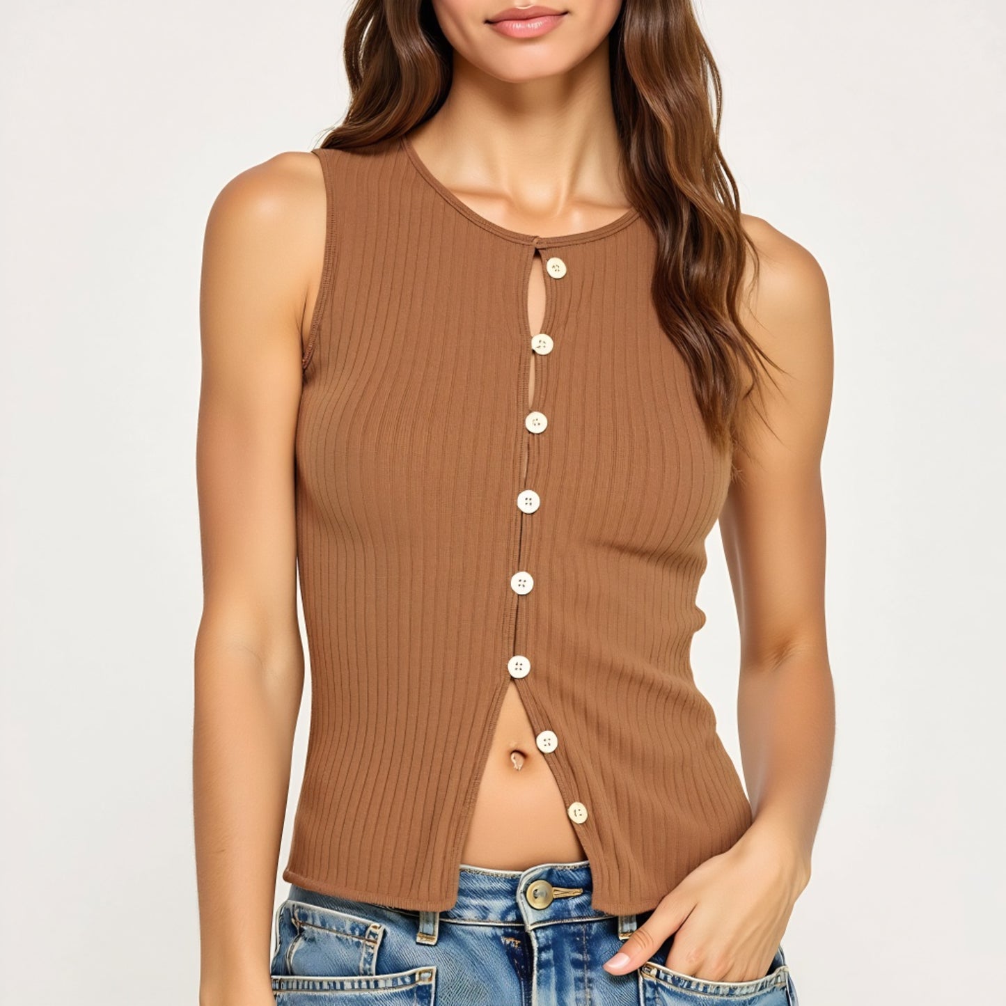 Sleeveless Ribbed Knit Tank Top with Front Button Keyhole Detail