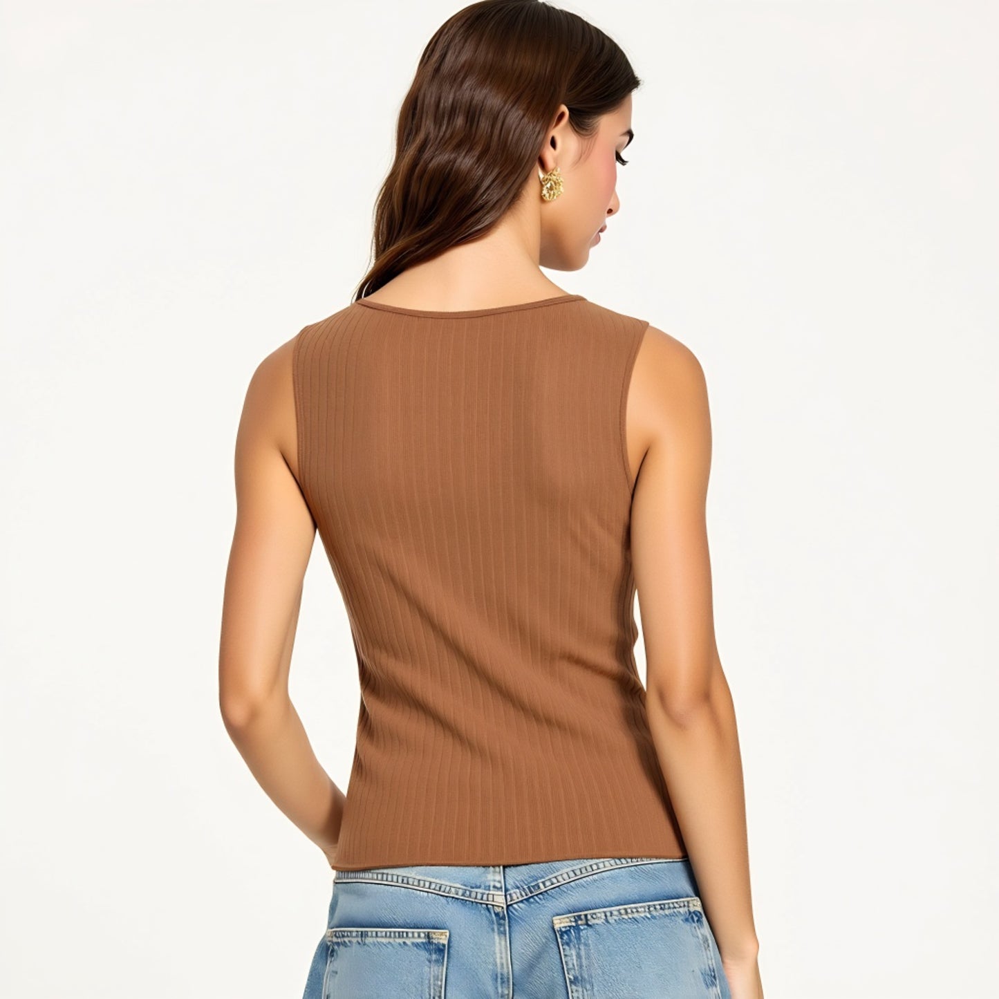 Sleeveless Ribbed Knit Tank Top with Front Button Keyhole Detail