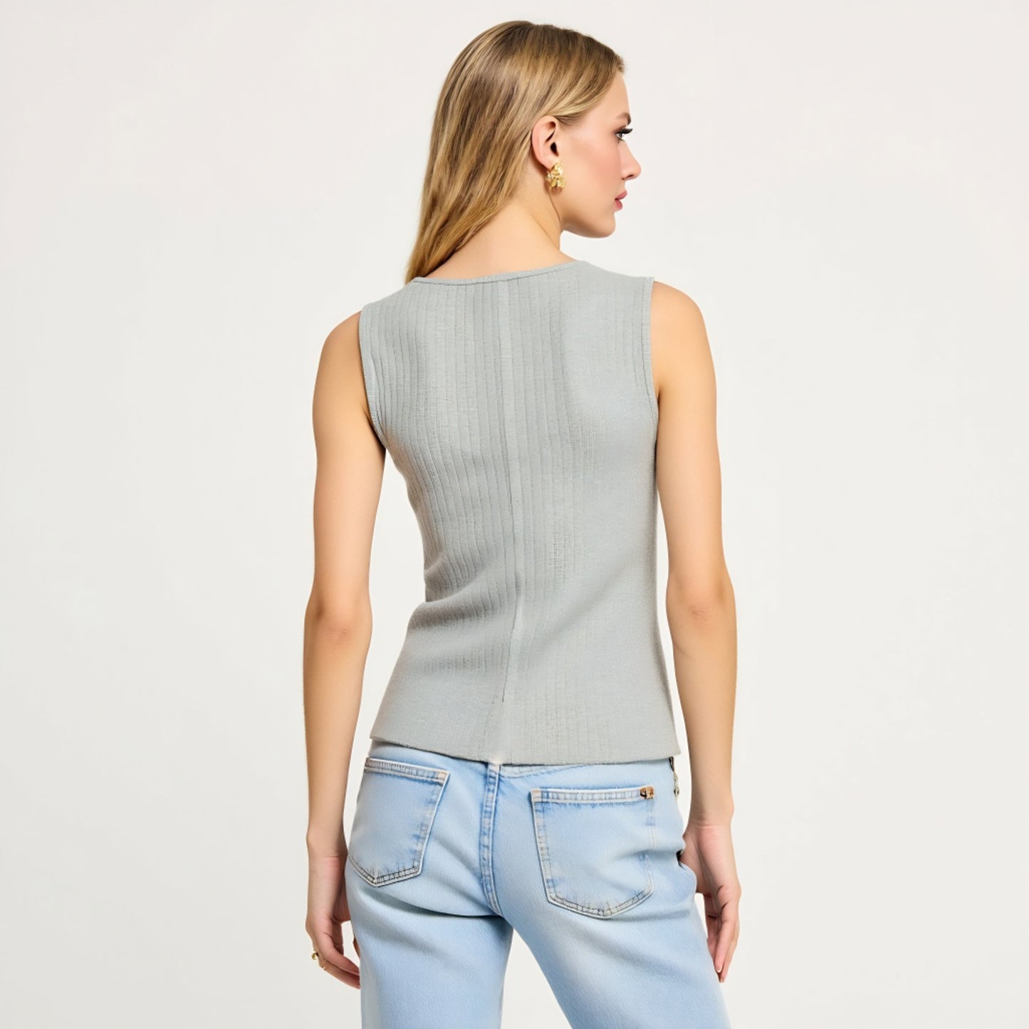 Sleeveless Ribbed Knit Top with Off-Center Button Front Detail