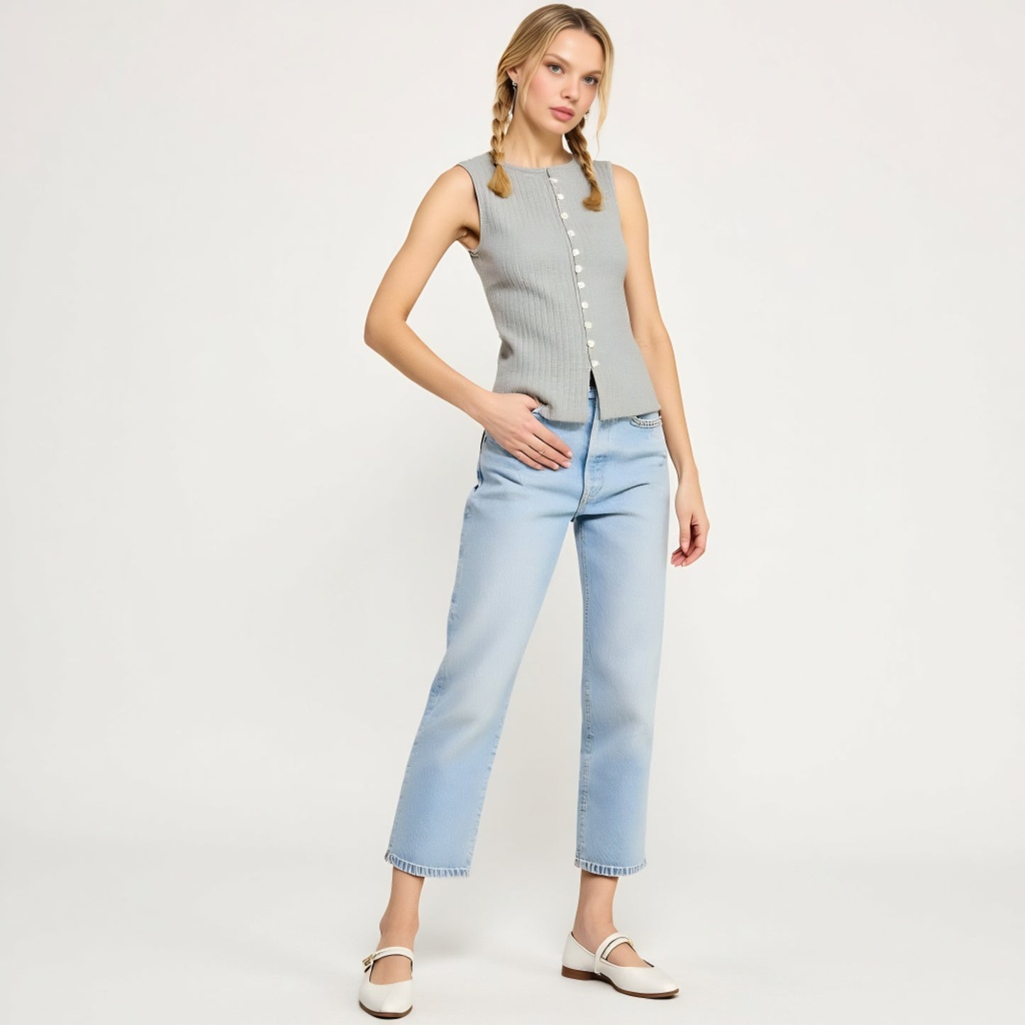 Sleeveless Ribbed Knit Top with Off-Center Button Front Detail