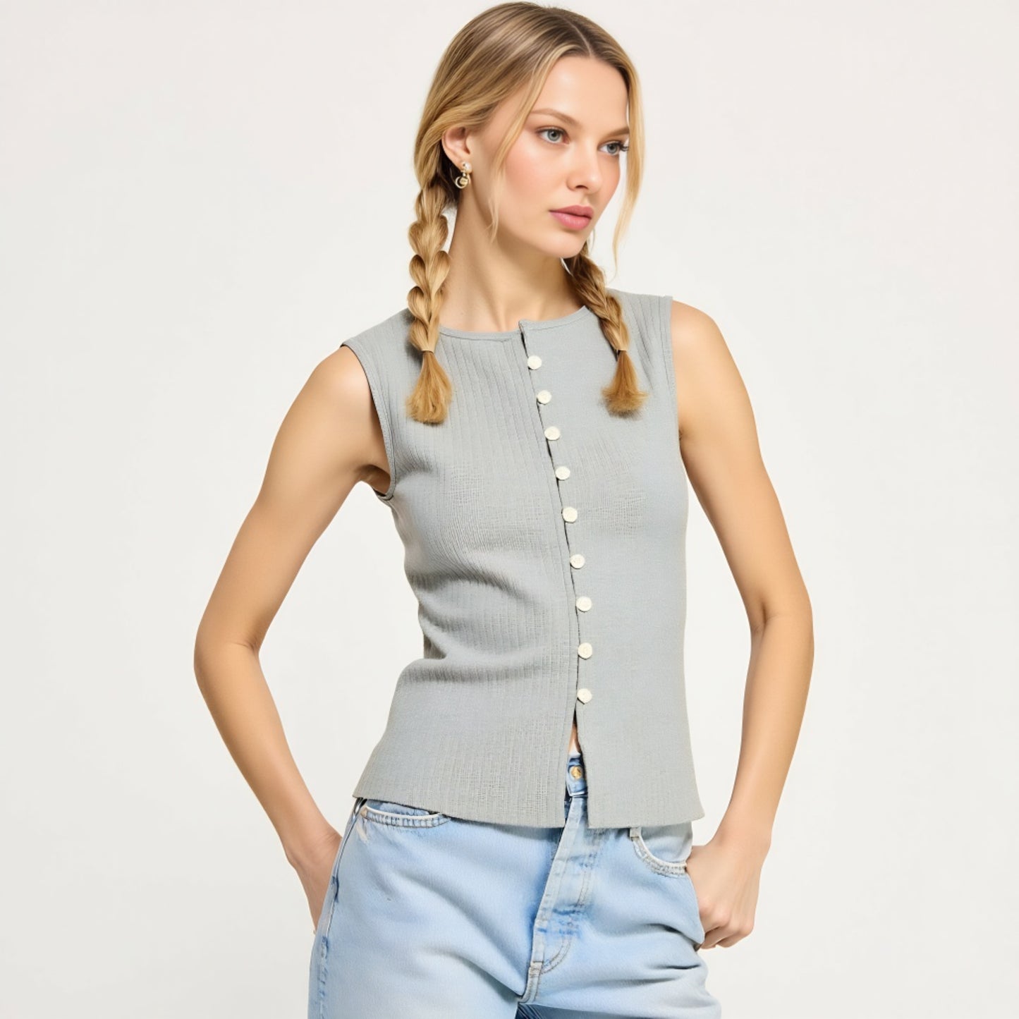 Sleeveless Ribbed Knit Top with Off-Center Button Front Detail