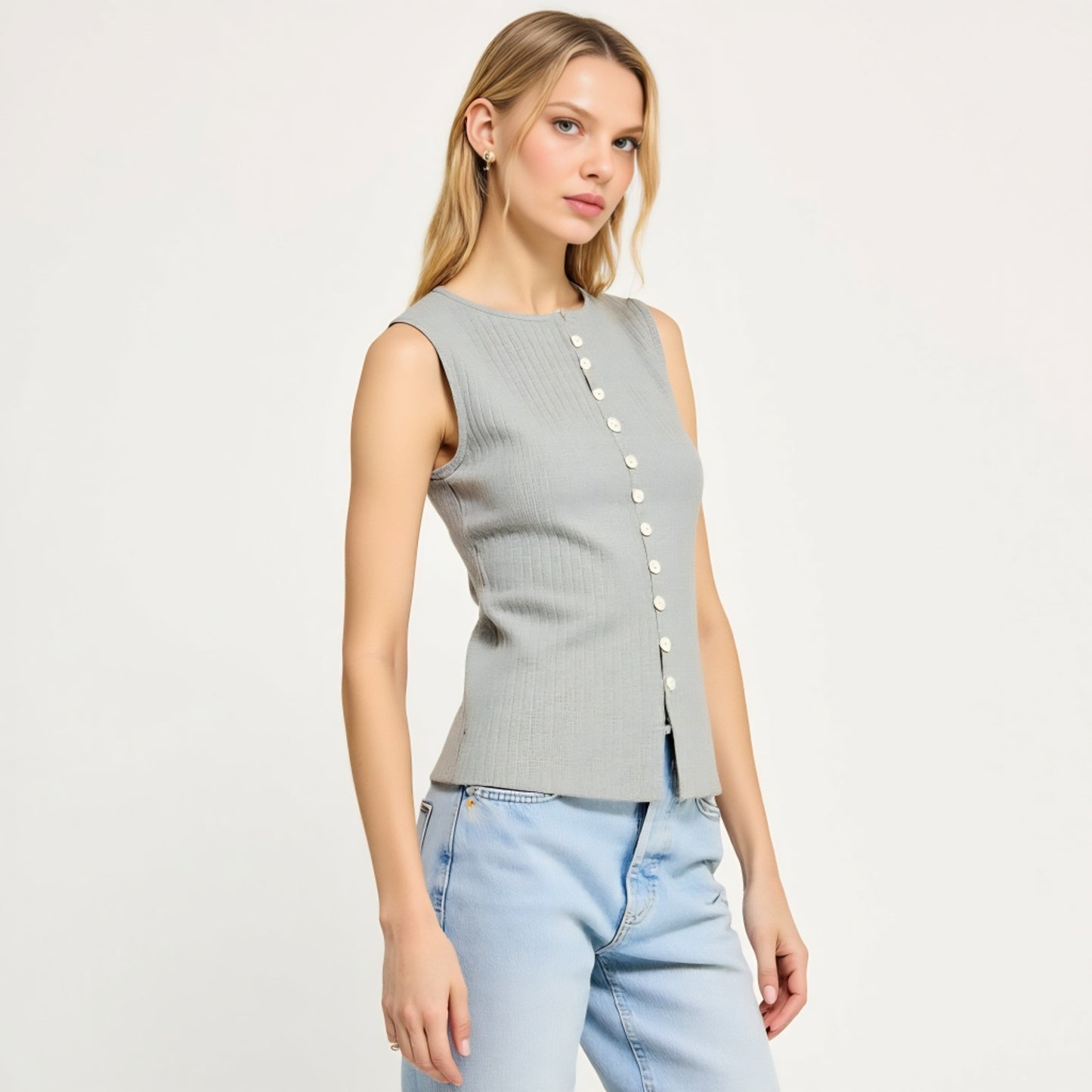 Sleeveless Ribbed Knit Top with Off-Center Button Front Detail