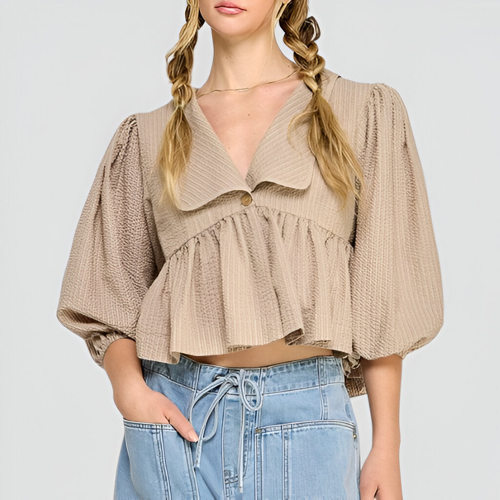 Textured Puff Sleeve Top with Wide Collar and Peplum Hem