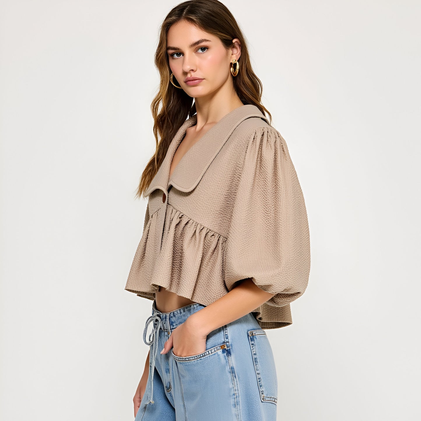 Textured Puff Sleeve Top with Wide Collar and Peplum Hem
