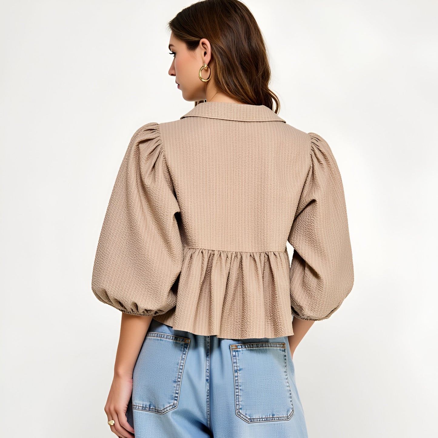 Textured Puff Sleeve Top with Wide Collar and Peplum Hem