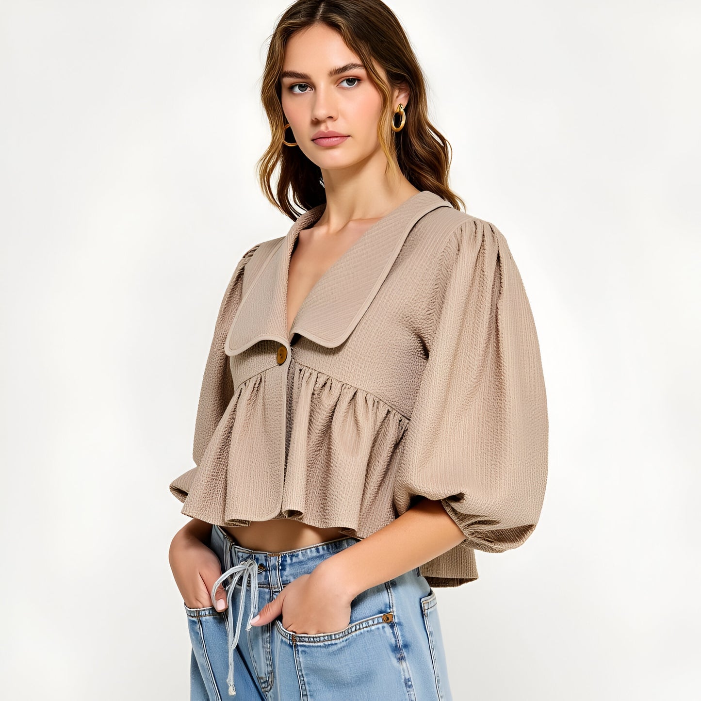 Textured Puff Sleeve Top with Wide Collar and Peplum Hem