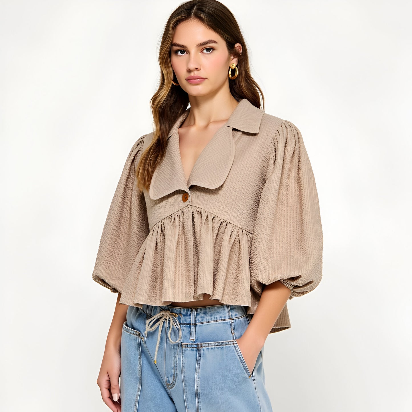 Textured Puff Sleeve Top with Wide Collar and Peplum Hem