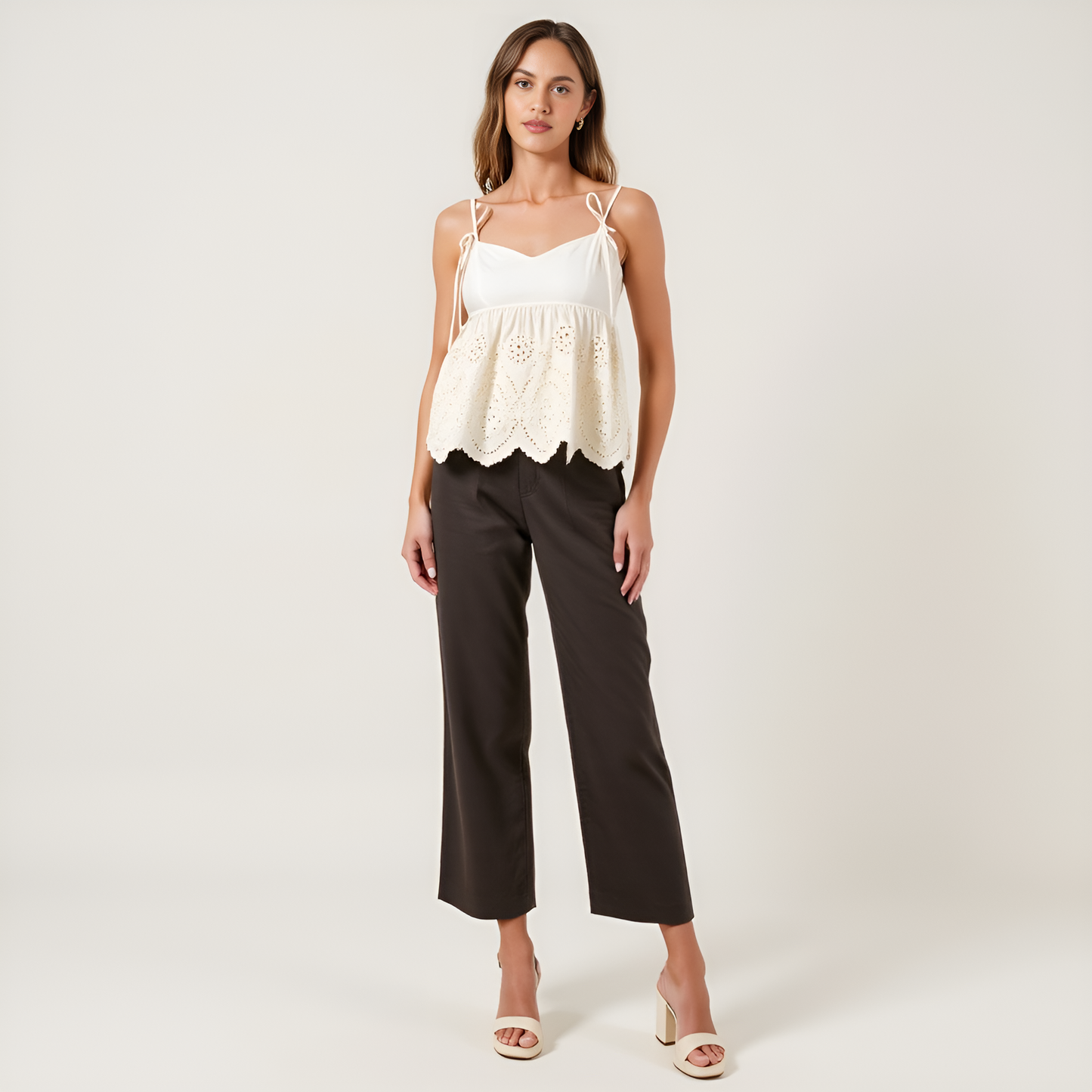 Eyelet Hem Cotton Camisole Top with Adjustable Shoulder Ties