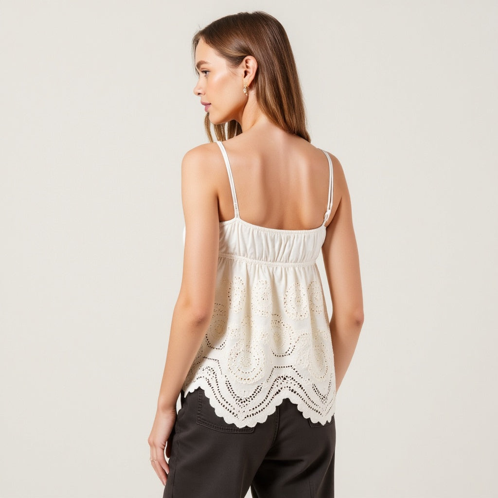 Eyelet Hem Cotton Camisole Top with Adjustable Shoulder Ties
