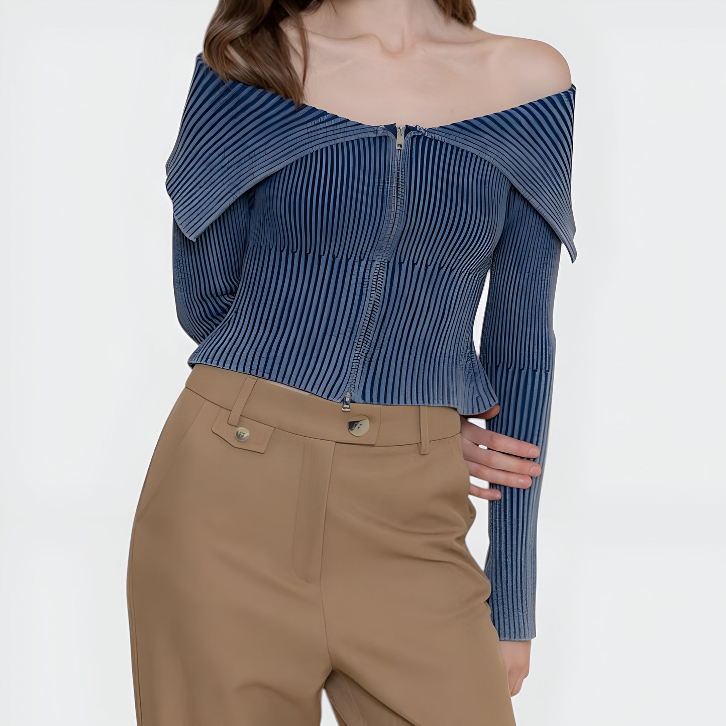 Off-Shoulder Ribbed Zip-Up Sweater with Wide Foldover Collar