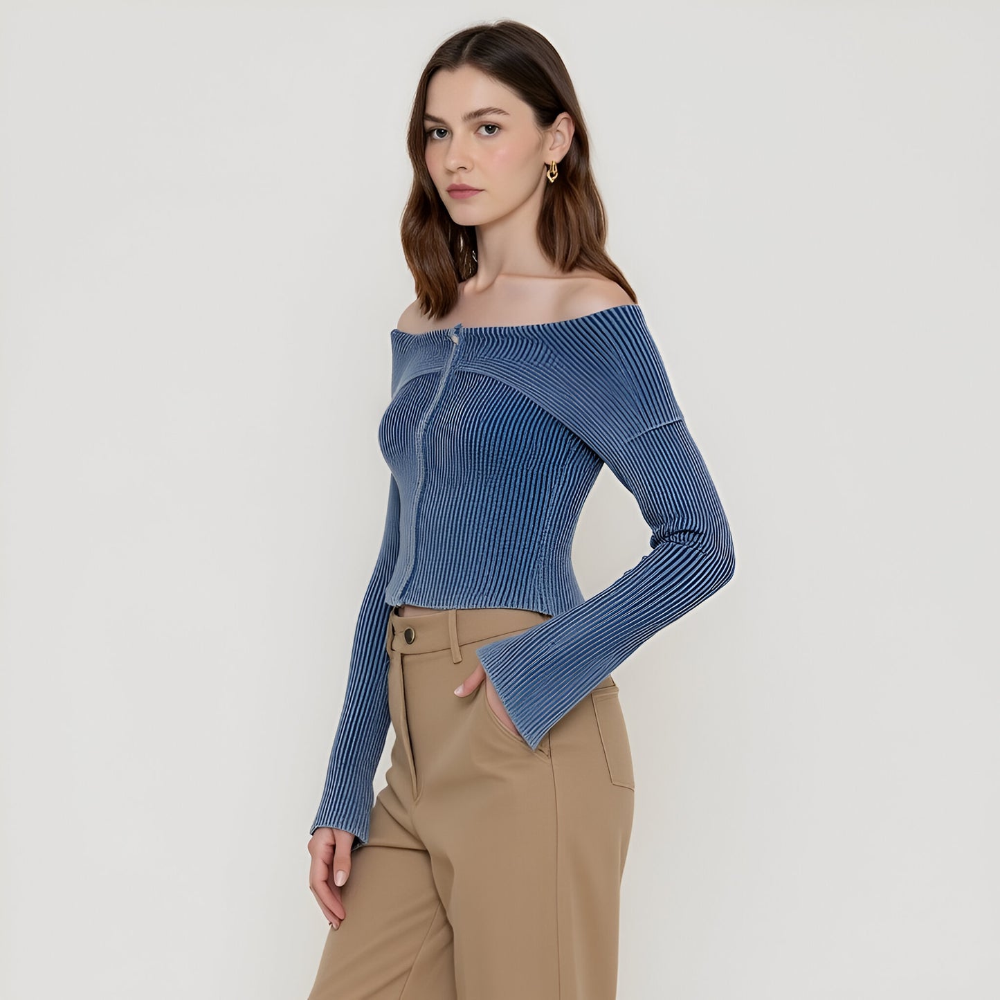 Off-Shoulder Ribbed Zip-Up Sweater with Wide Foldover Collar