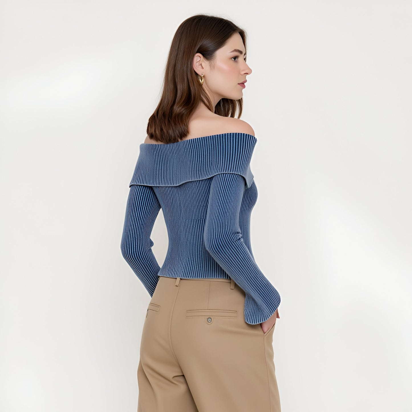 Off-Shoulder Ribbed Zip-Up Sweater with Wide Foldover Collar