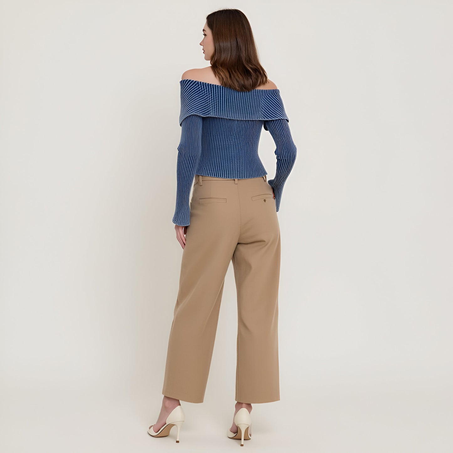 Off-Shoulder Ribbed Zip-Up Sweater with Wide Foldover Collar