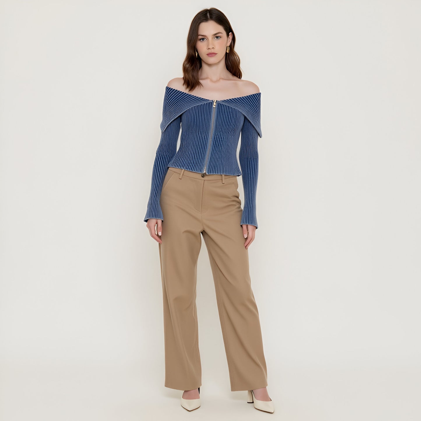 Off-Shoulder Ribbed Zip-Up Sweater with Wide Foldover Collar