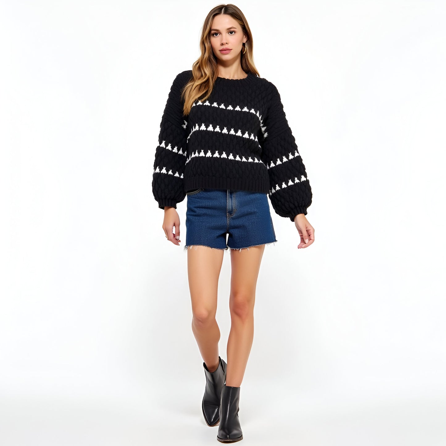 Chunky Jacquard Stripe Sweater with Bubble Sleeves and Crewneck Detail