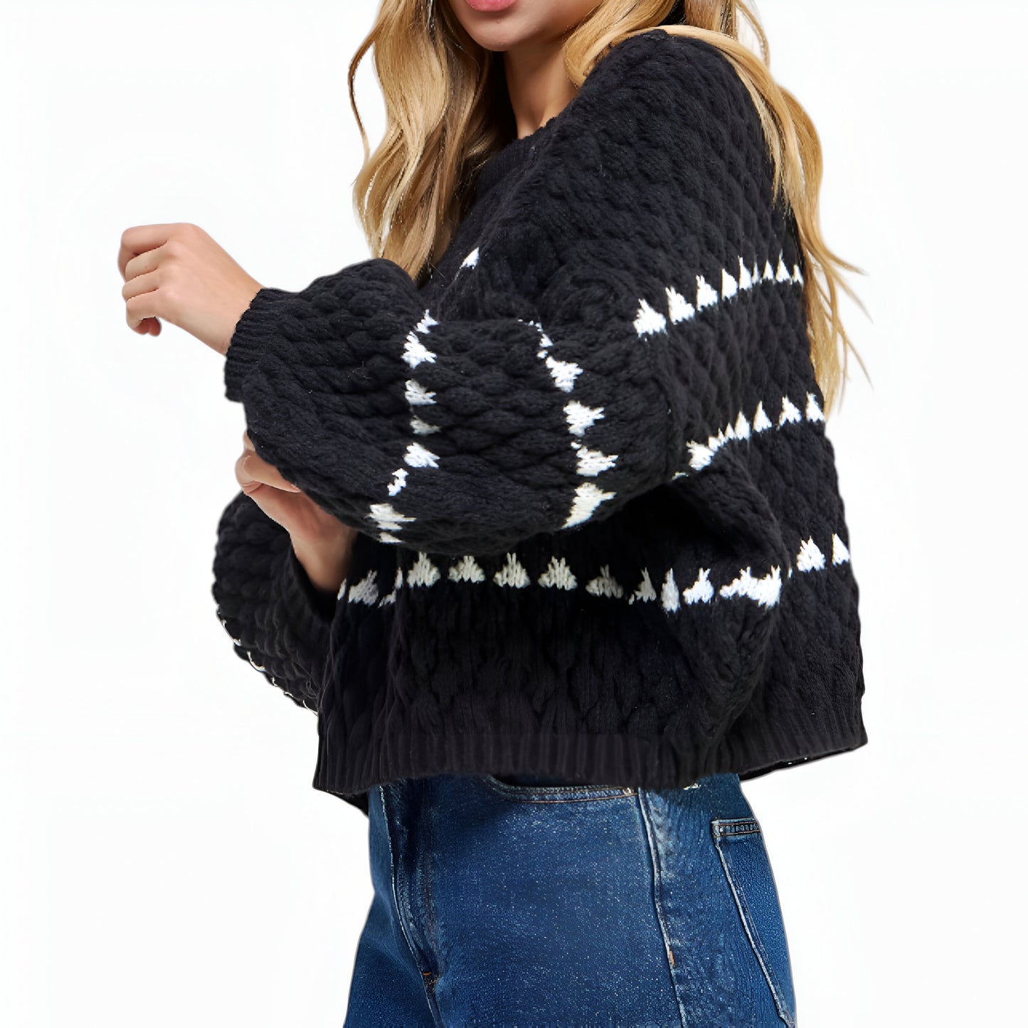 Chunky Jacquard Stripe Sweater with Bubble Sleeves and Crewneck Detail