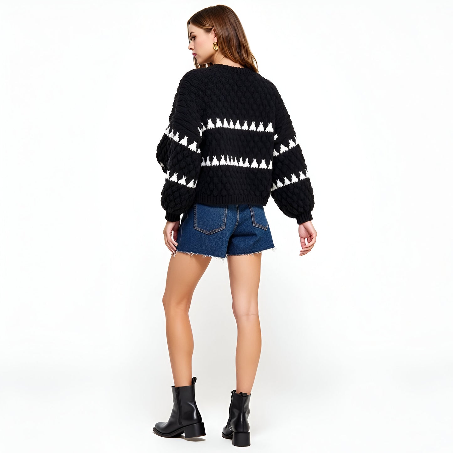 Chunky Jacquard Stripe Sweater with Bubble Sleeves and Crewneck Detail