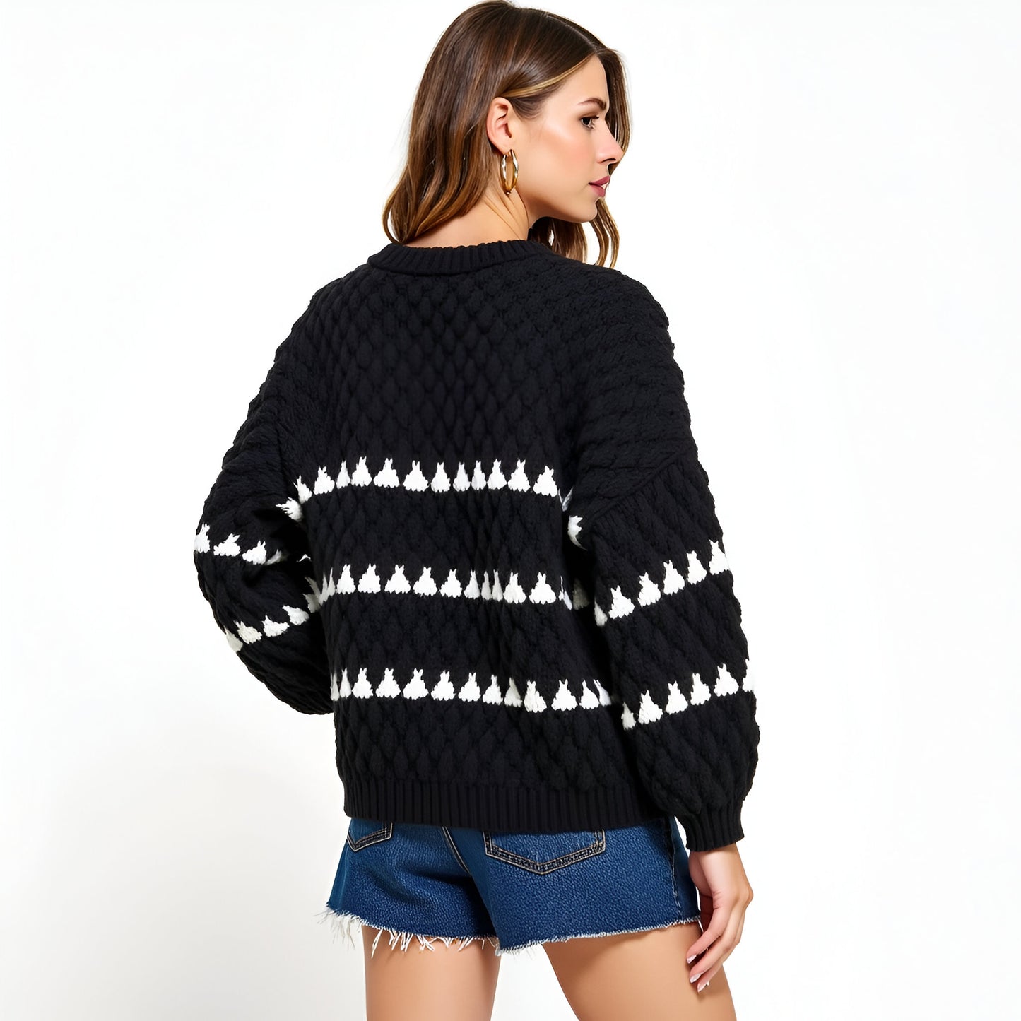 Chunky Jacquard Stripe Sweater with Bubble Sleeves and Crewneck Detail